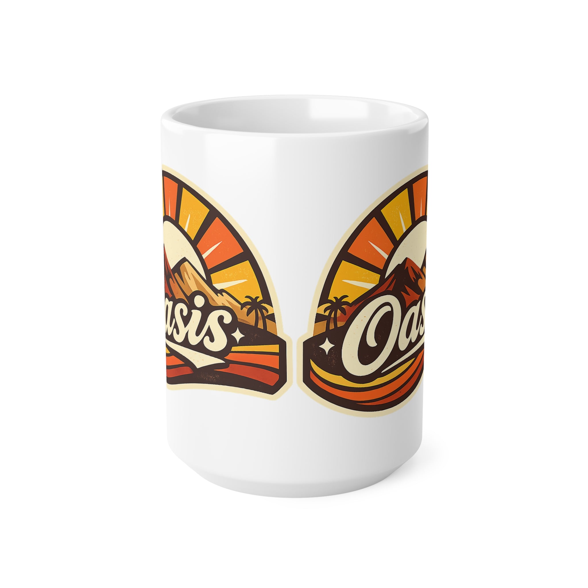 Oasis Mountain Sunrise Coffee Mug — Retro Palm Desert Ceramic Cup (11oz & 15oz)