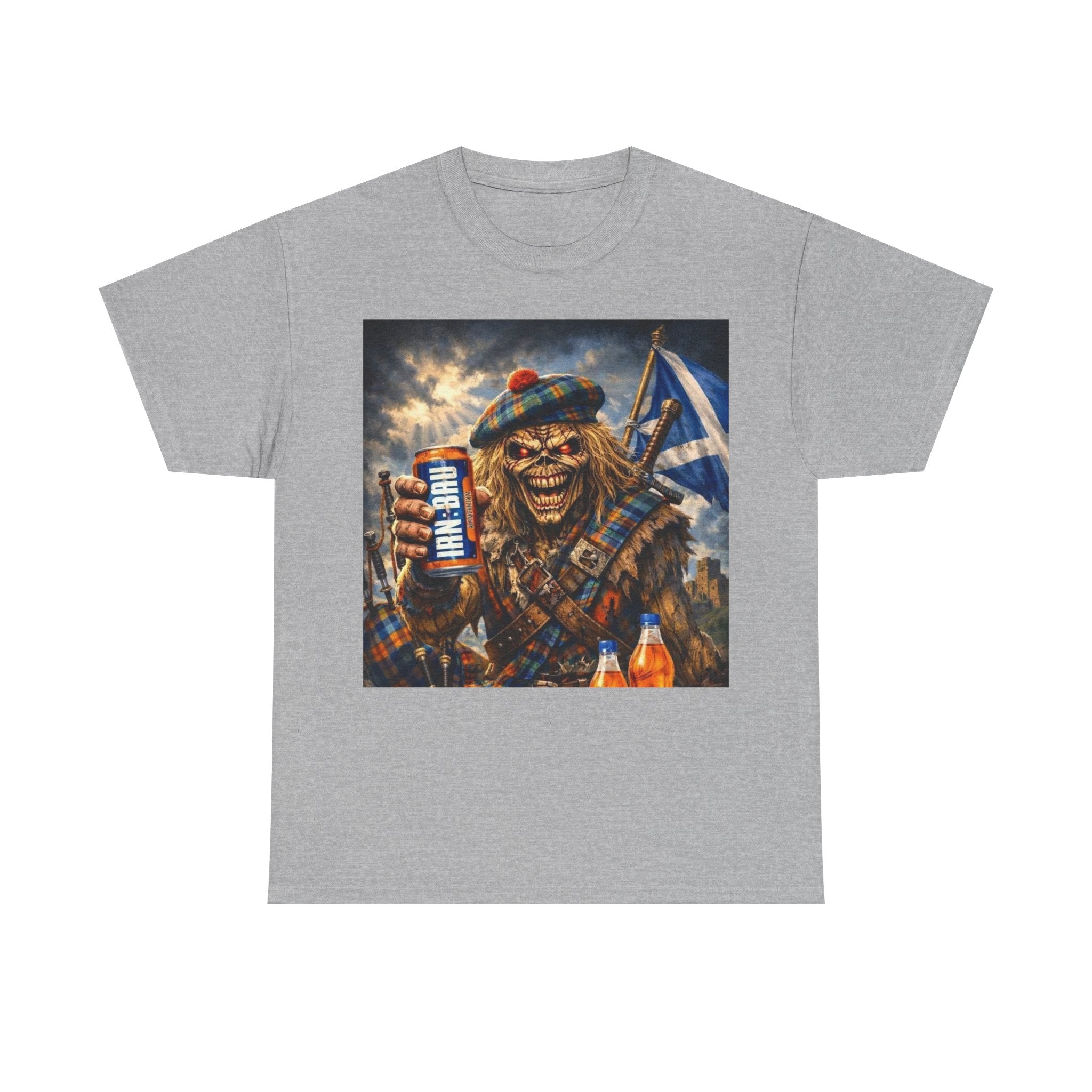 Scottish Rock Skull T‑Shirt — Eddie the Piper with Flag & Can Graphic Tee