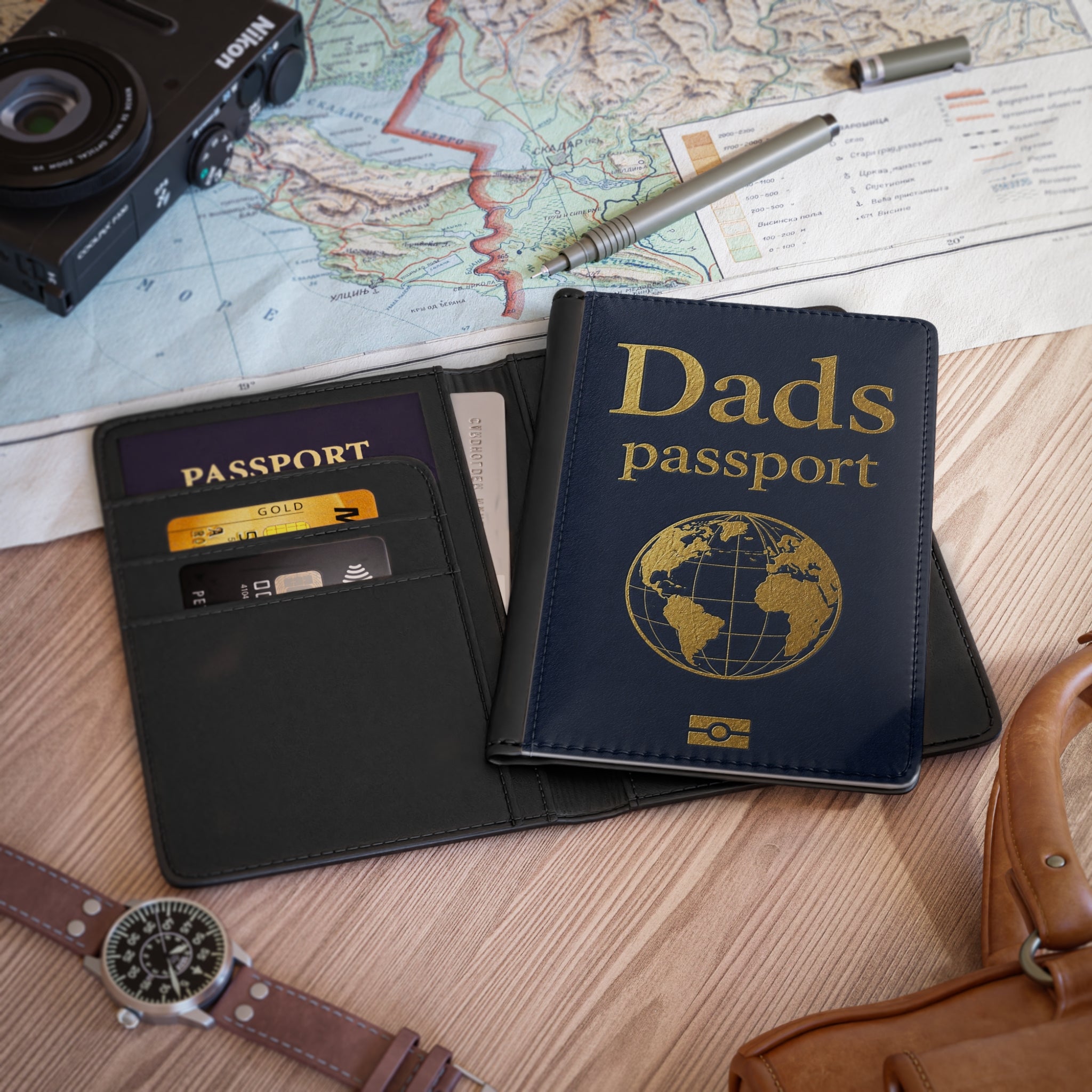 Dad’s Passport Cover – Leather Travel Passport Holder with Gold Globe Design