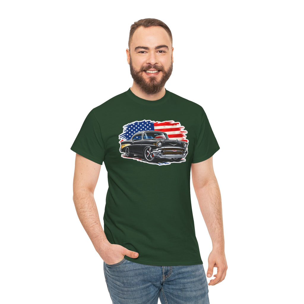 American Muscle Car T‑Shirt — Classic Vintage Car with USA Flag