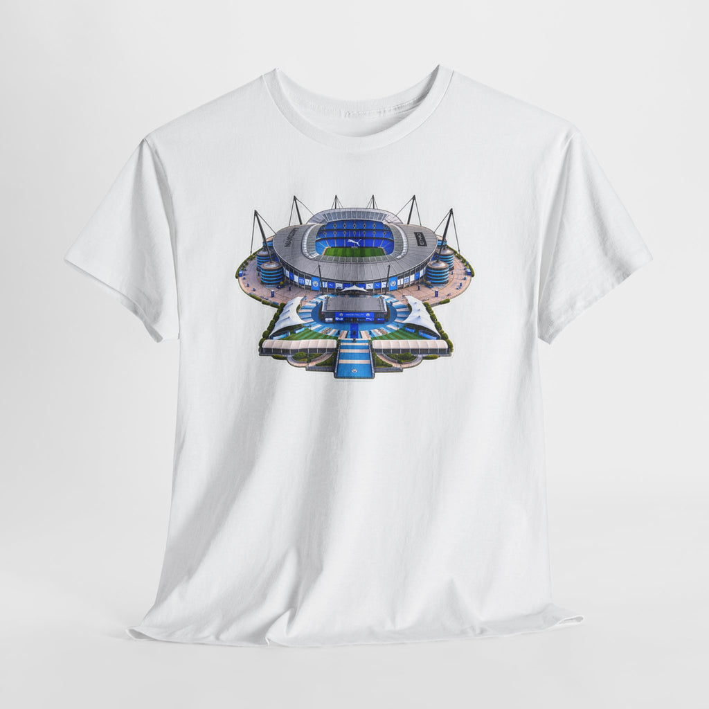 Manchester City Etihad Stadium Illustration T-Shirt — Retro Soccer Arena Graphic Tee