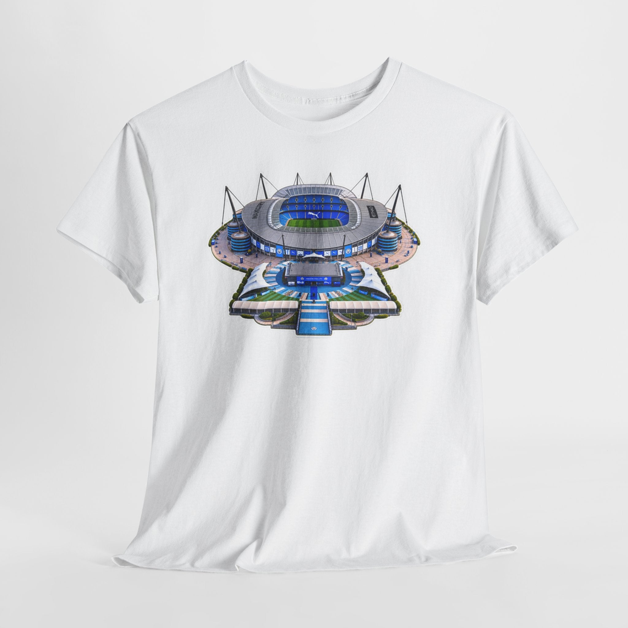 Manchester City Etihad Stadium Illustration T-Shirt — Retro Soccer Arena Graphic Tee
