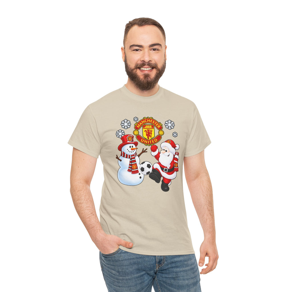 Manchester United Christmas Cotton Tee — Santa & Snowman Football Holiday Shirt
