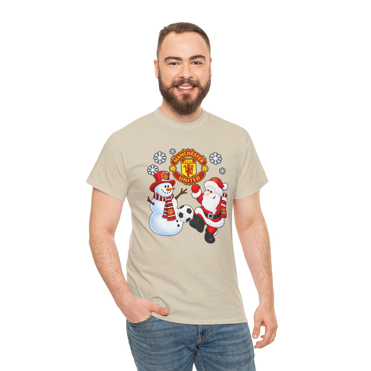 Manchester United Christmas Cotton Tee — Santa & Snowman Football Holiday Shirt