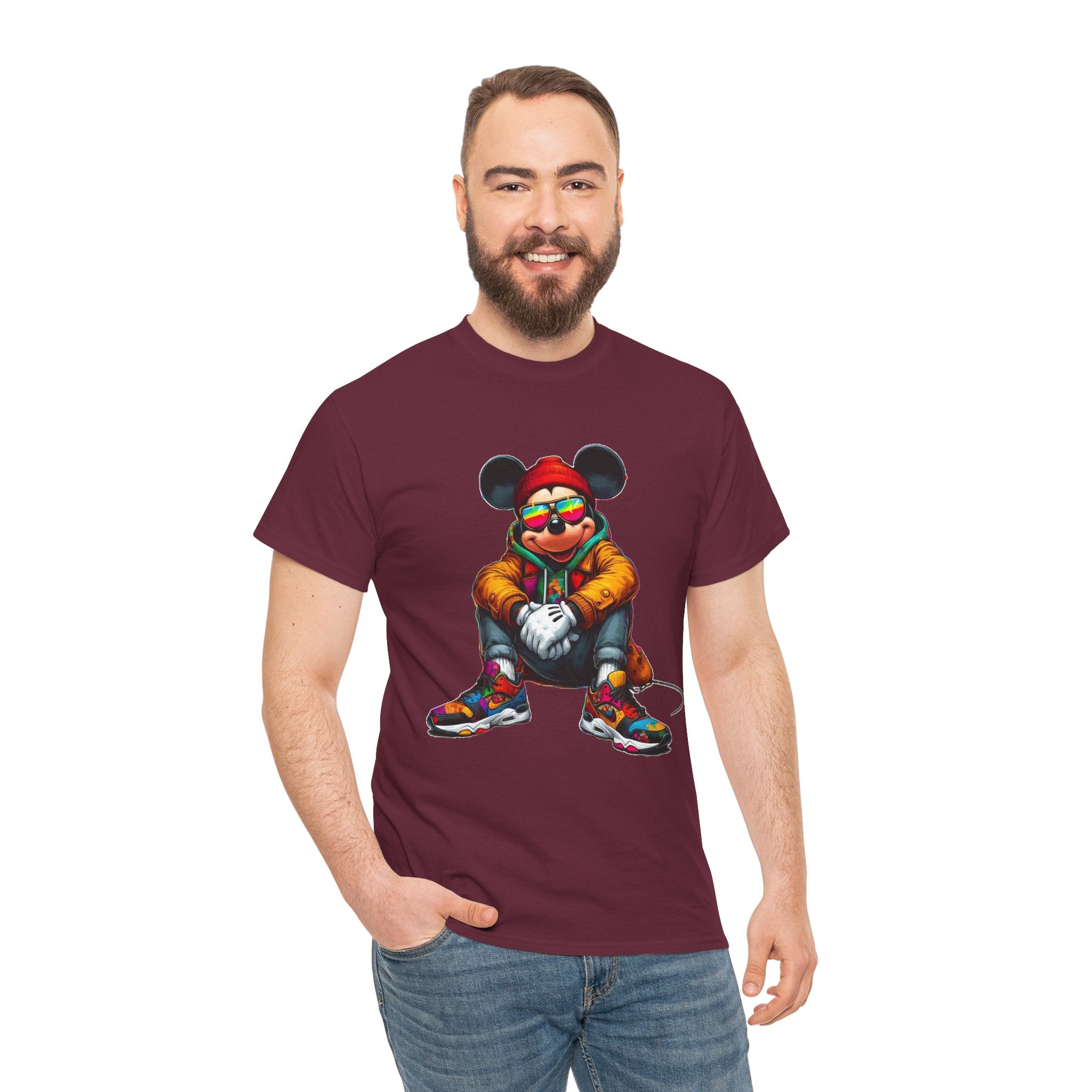 Mickey Mouse Streetwear Graphic Tee — Hip-Hop Mouse Character Sitting in Sneakers