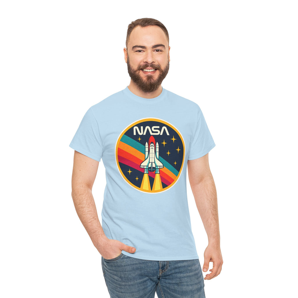 NASA Retro Rocket T‑Shirt — Vintage Space Shuttle Tee with Rainbow Trail