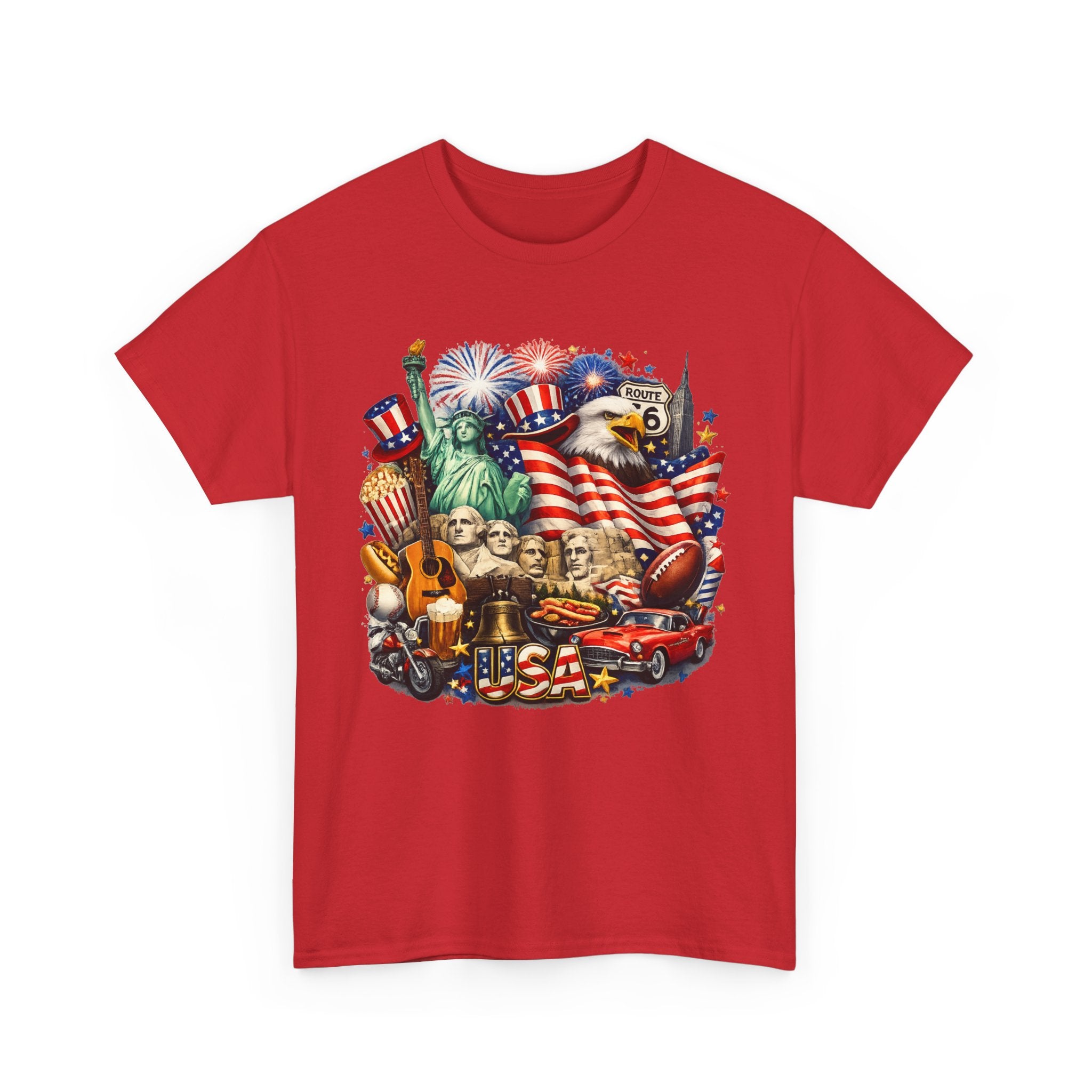 Patriotic USA Graphic Tee – American Flag, Statue of Liberty & Fireworks T-Shirt