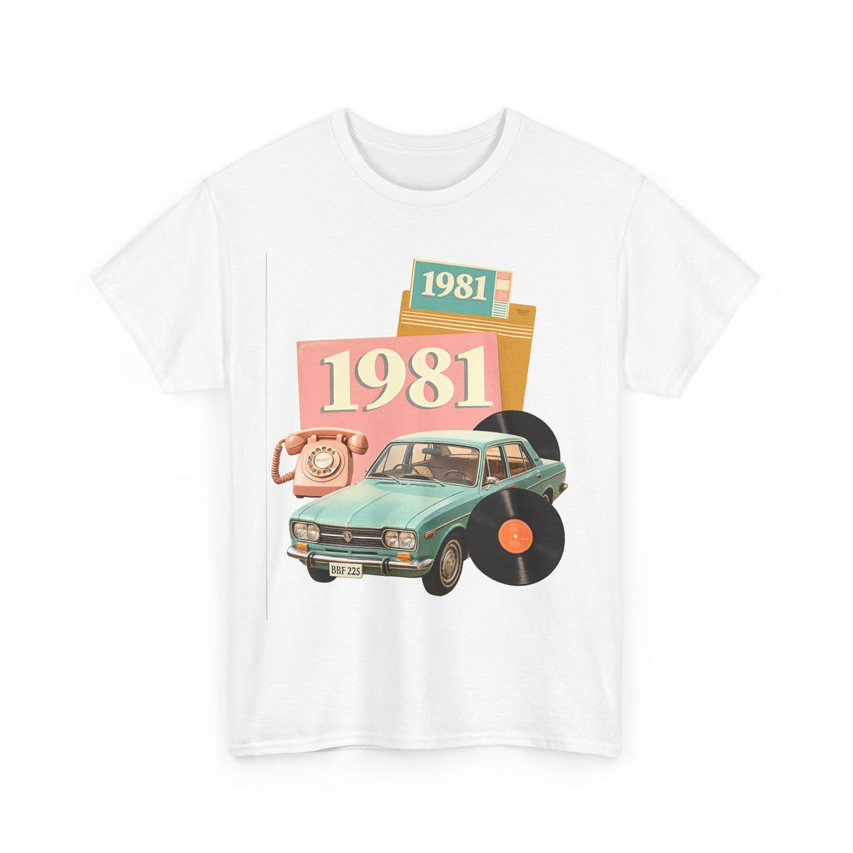 1981 Retro Car Tee — Vintage 80s Birthday T-Shirt with Record & Telephone Design