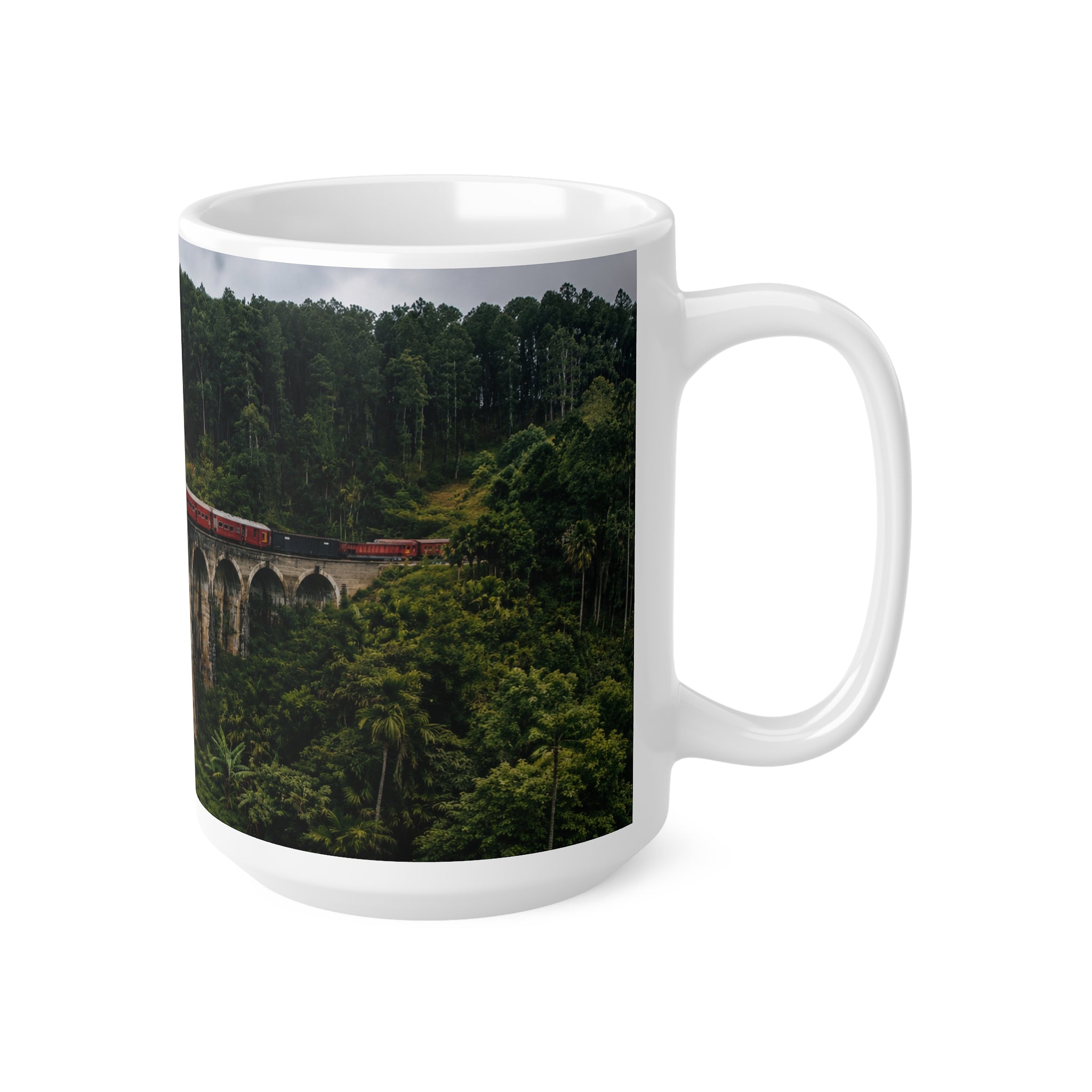 Scenic Viaduct Train Ceramic Mug – Vintage Red Engine on Mountain Bridge (11oz/15oz)