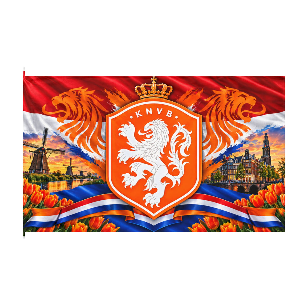 Netherlands Double-Sided Flag — Orange Lion KNVB Design with Tulips & Windmill