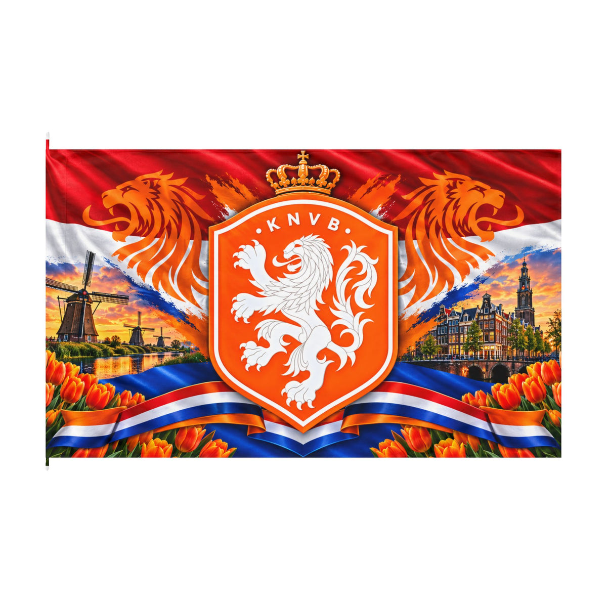 Netherlands Double-Sided Flag — Orange Lion KNVB Design with Tulips & Windmill