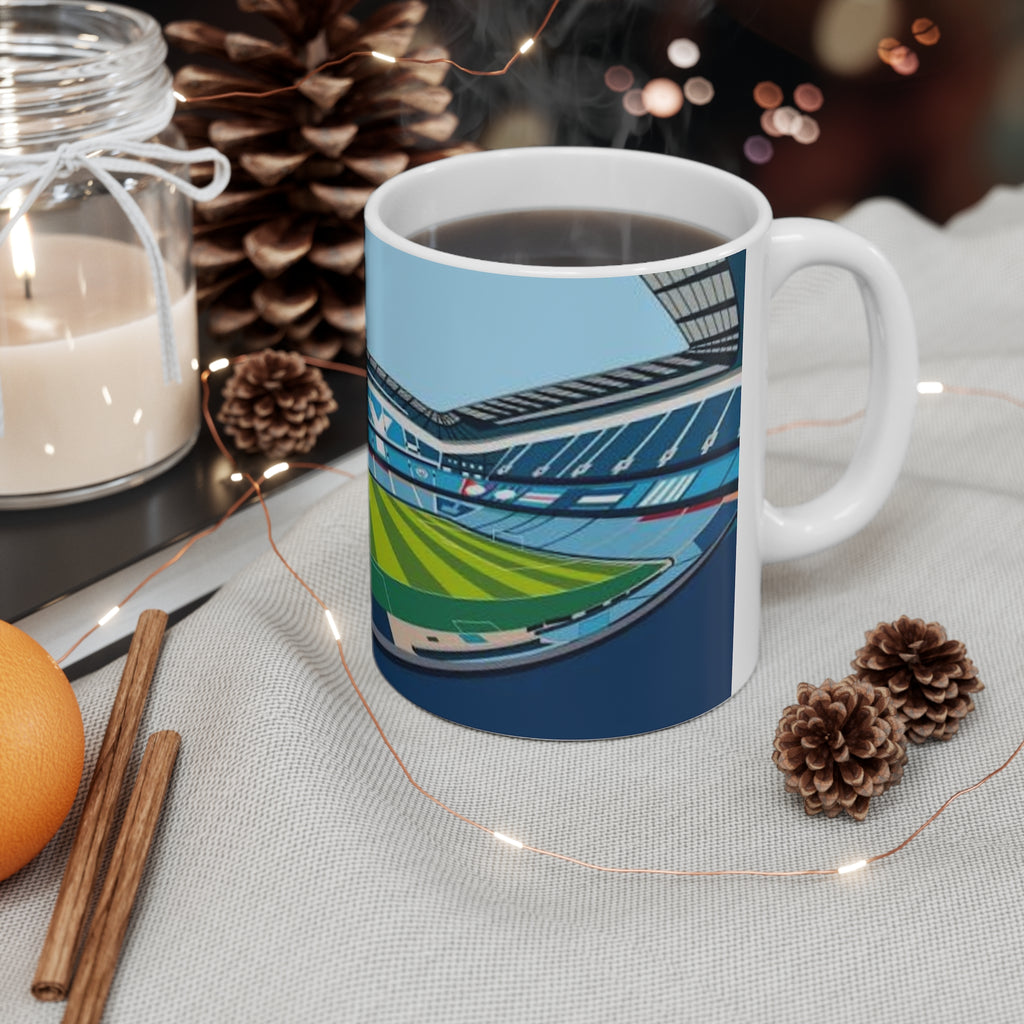 Manchester City Etihad Stadium Panorama Mug — Soccer Pitch Ceramic Coffee Cup (11oz & 15oz)