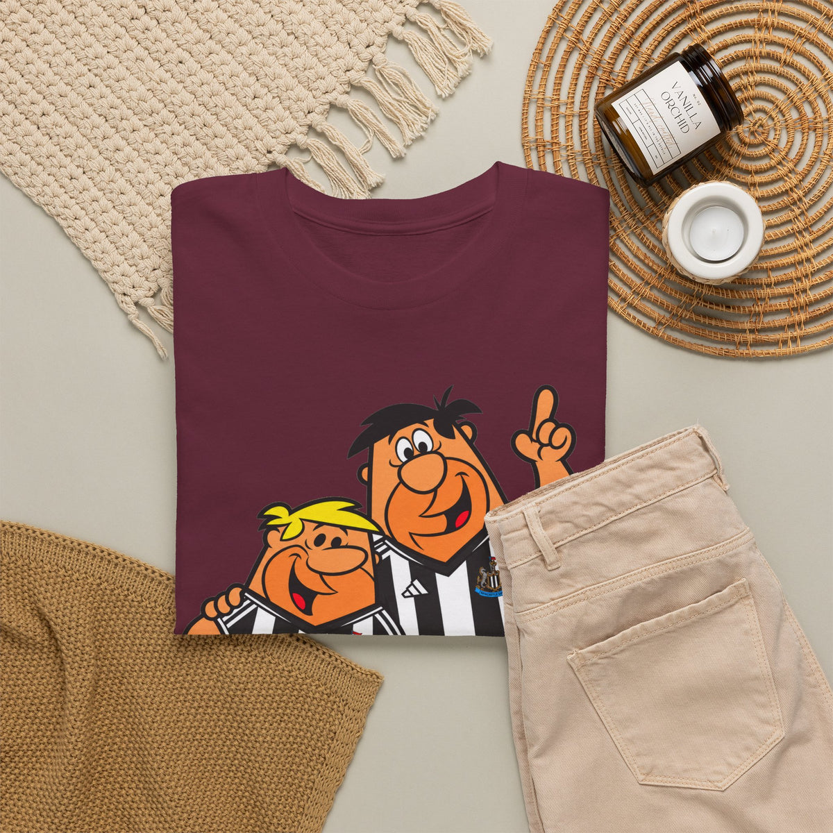 Newcastle United Flintstones Cartoon Cotton T-Shirt / Tee — Retro Striped Jersey Illustrations