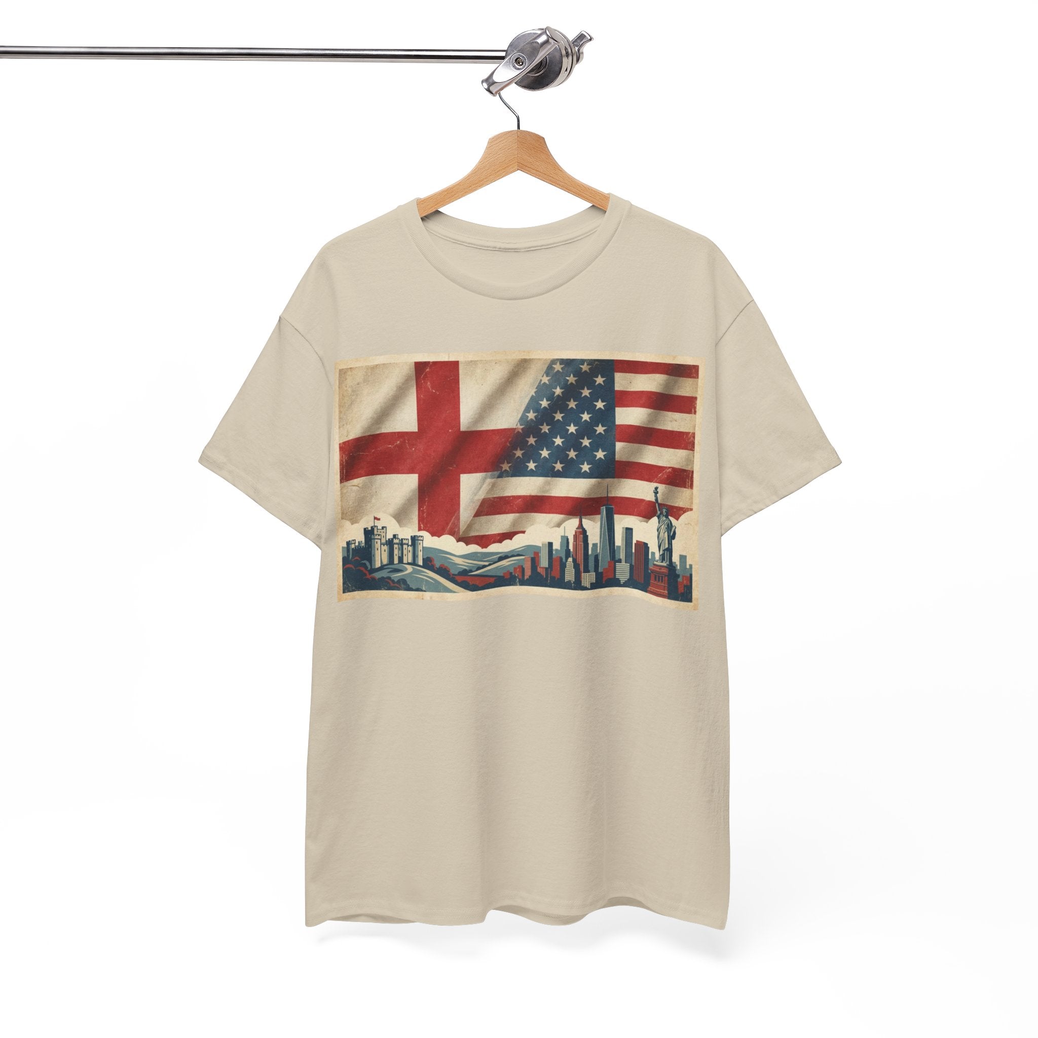 England + USA Flag Skyline T-Shirt — Vintage London & New York City Pride Tee