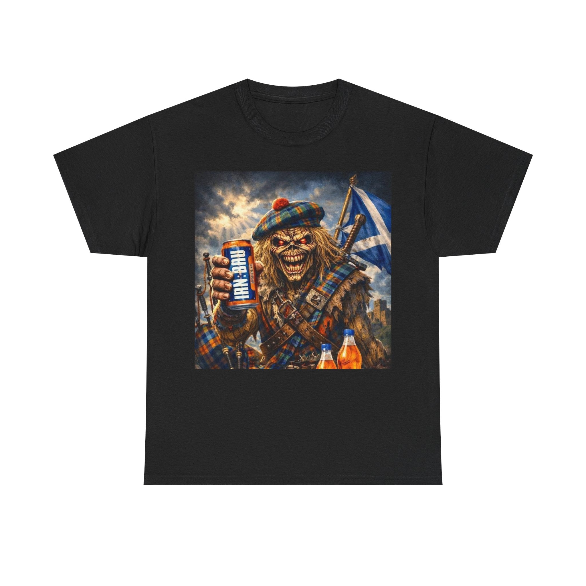 Scottish Rock Skull T‑Shirt — Eddie the Piper with Flag & Can Graphic Tee
