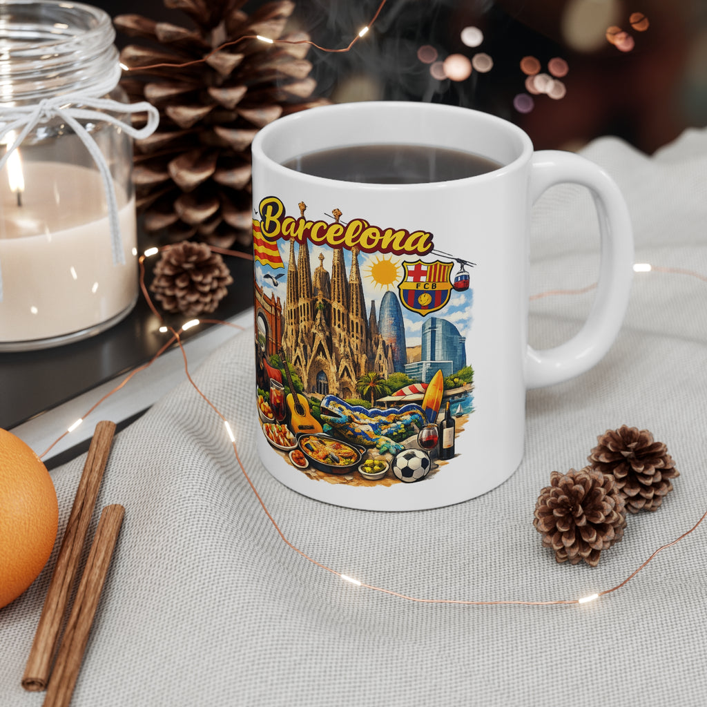 Barcelona Souvenir Mug — Ceramic Coffee Cup 11oz/15oz with Sagrada Familia, Paella & Flag Design