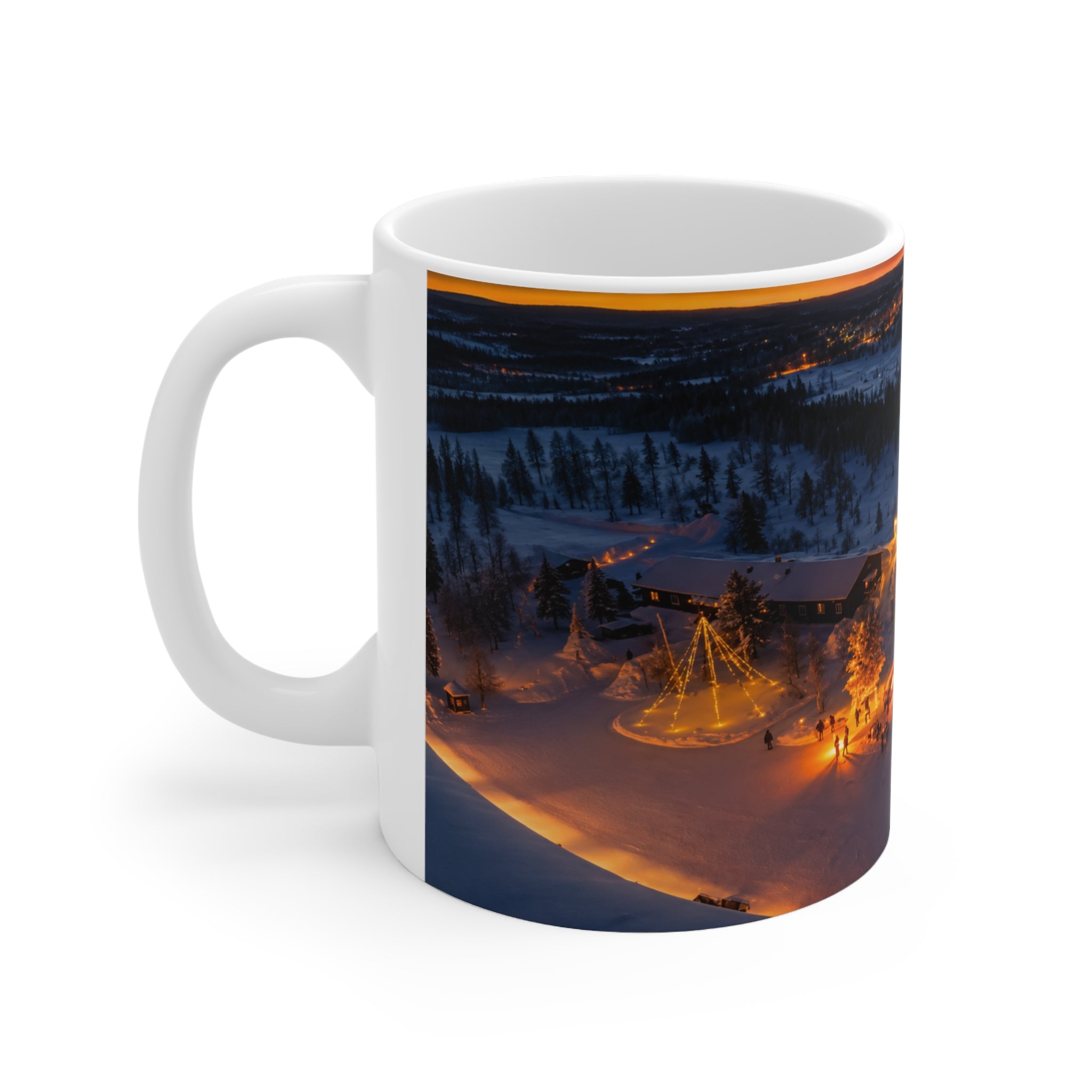 Winter Cabin Night Ceramic Mug – Cozy Snowy Village 11oz & 15oz