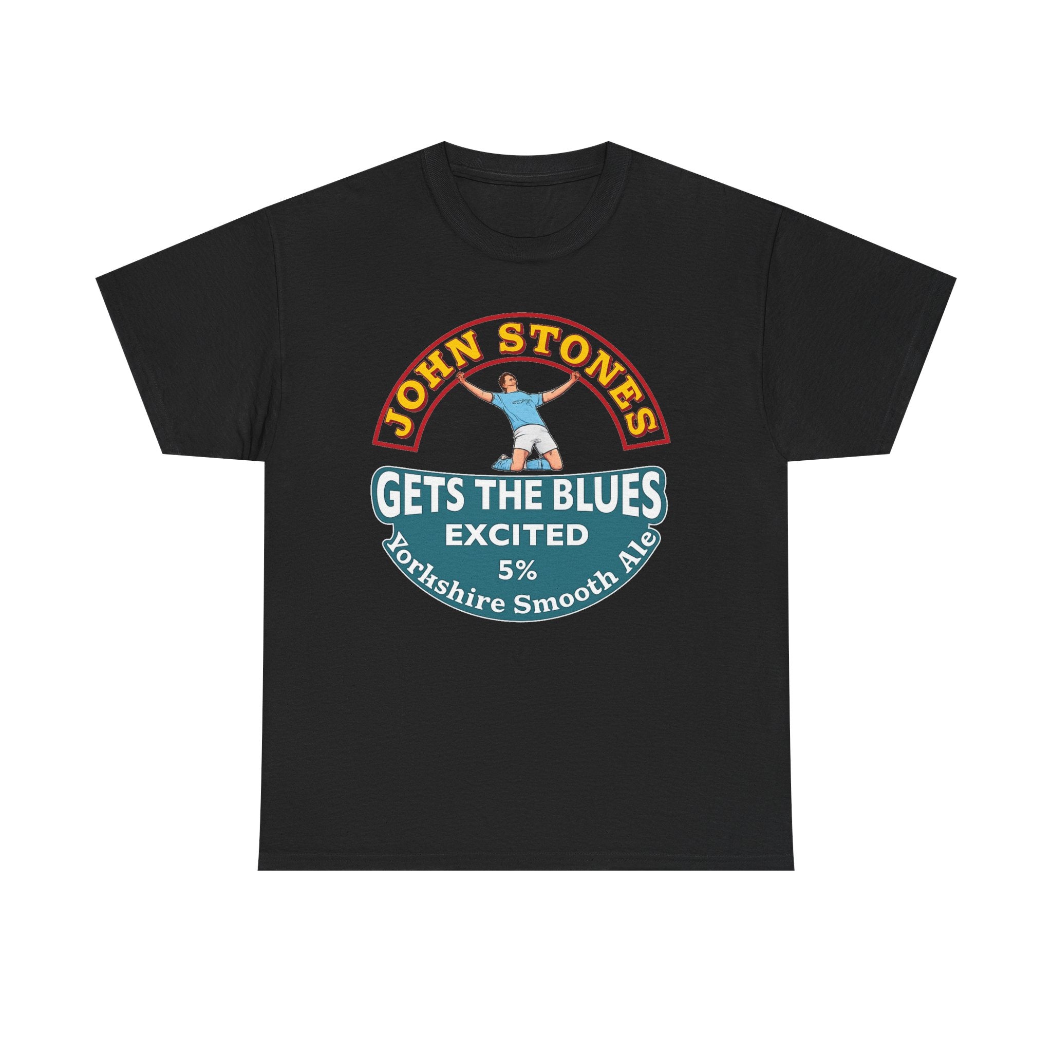 John Stones T-Shirt — "Gets The Blues Excited" Retro Ale Parody Tee