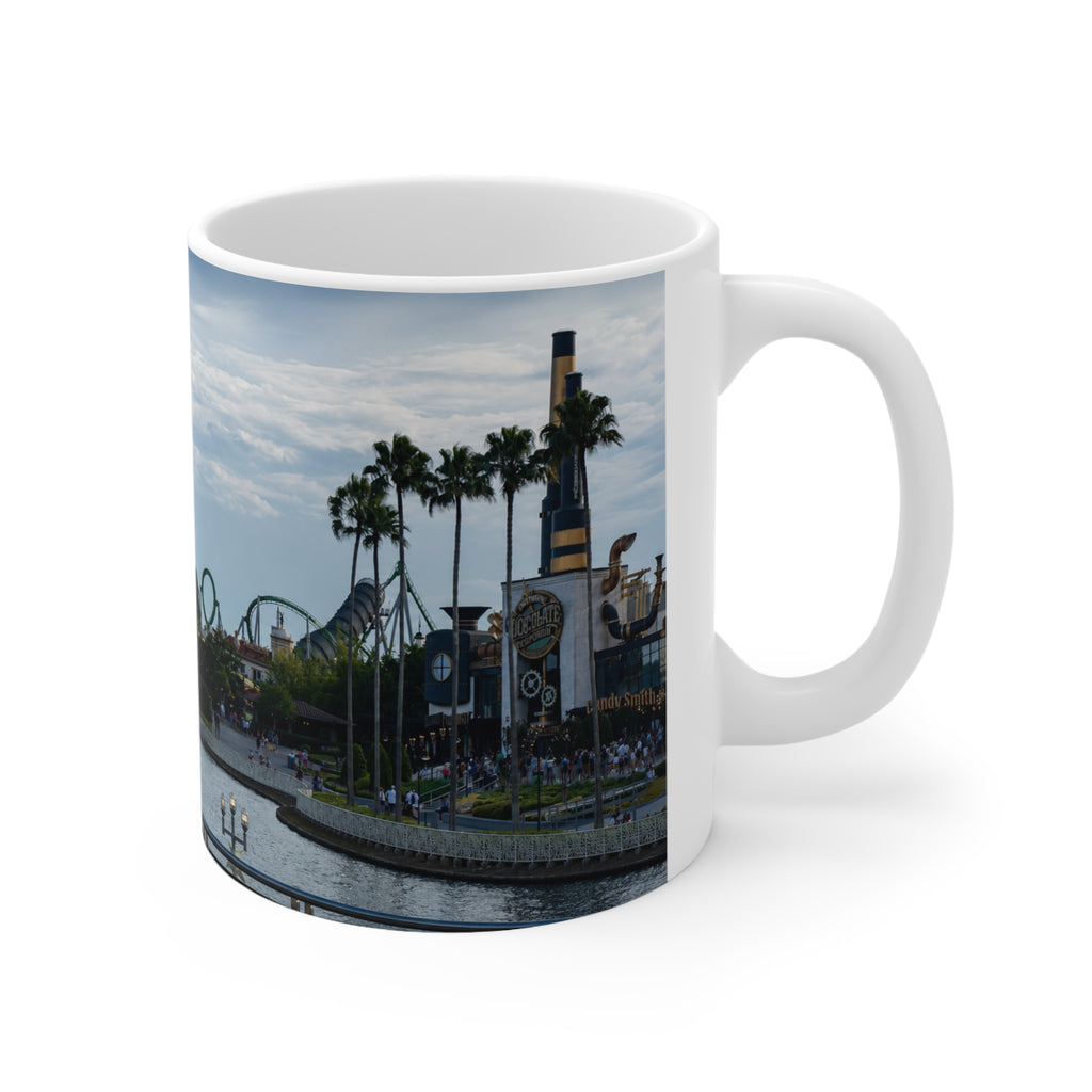 Universal IOA Theme Park Skyline Ceramic Mug — Roller Coaster Harbor Photo (11oz & 15oz)