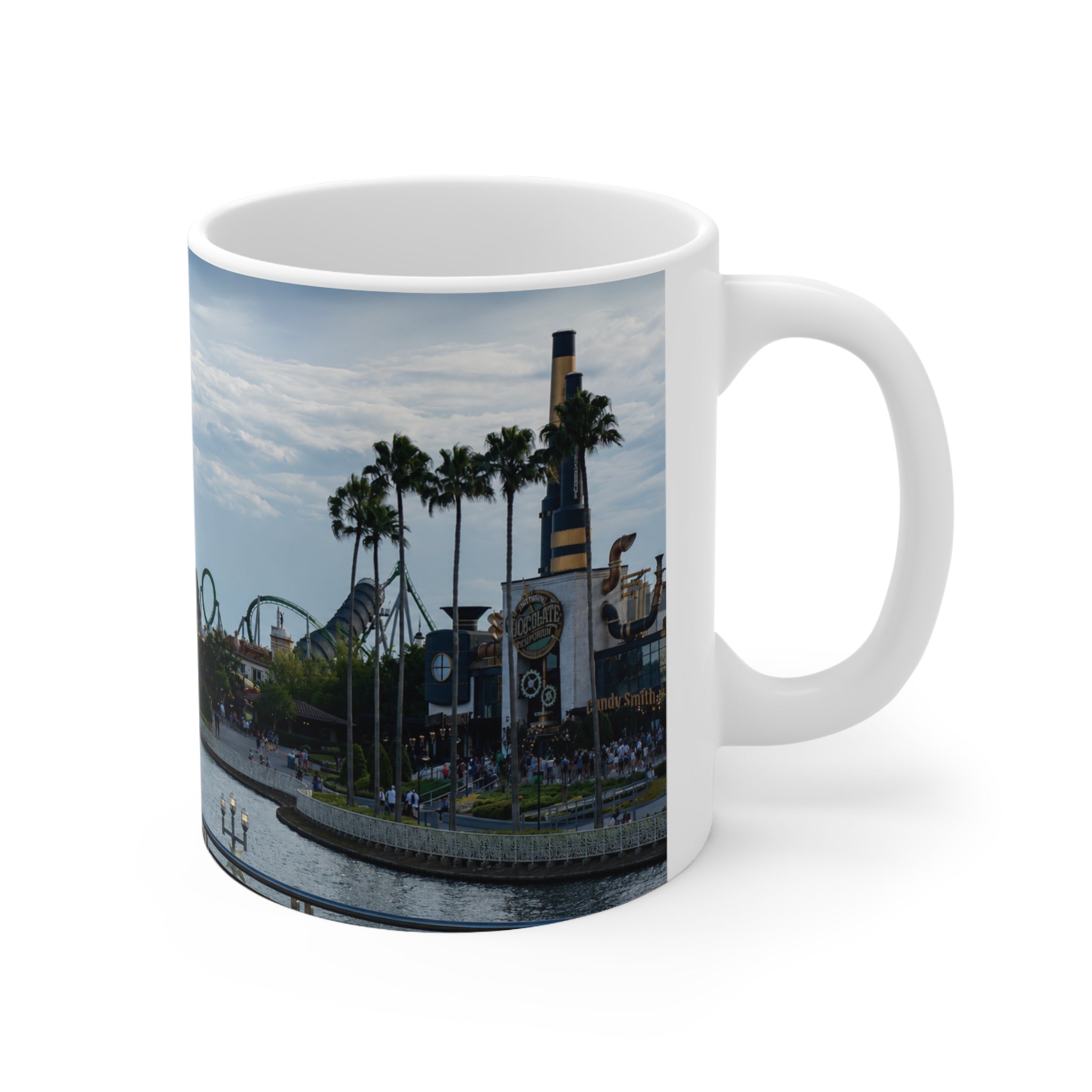 Universal IOA Theme Park Skyline Ceramic Mug — Roller Coaster Harbor Photo (11oz & 15oz)