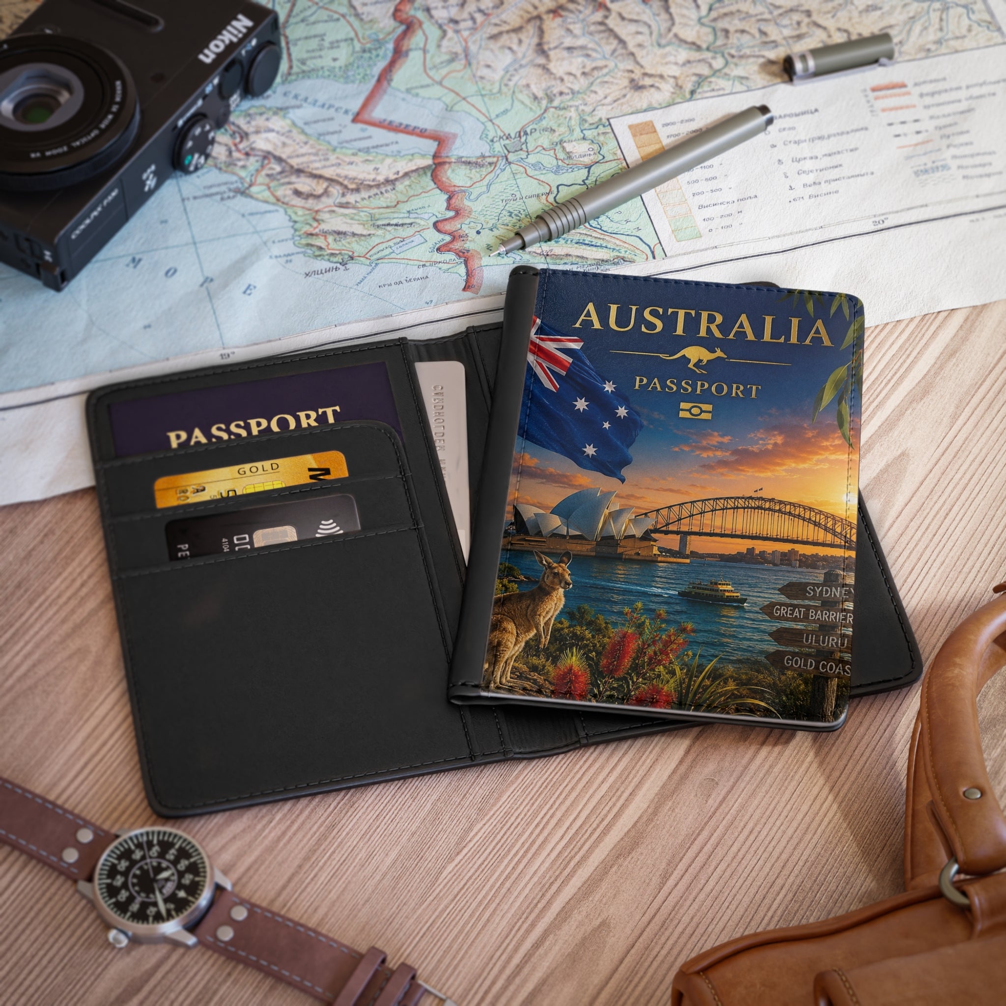 Australia Passport Cover — Sydney Harbour Kangaroo Travel Document Holder