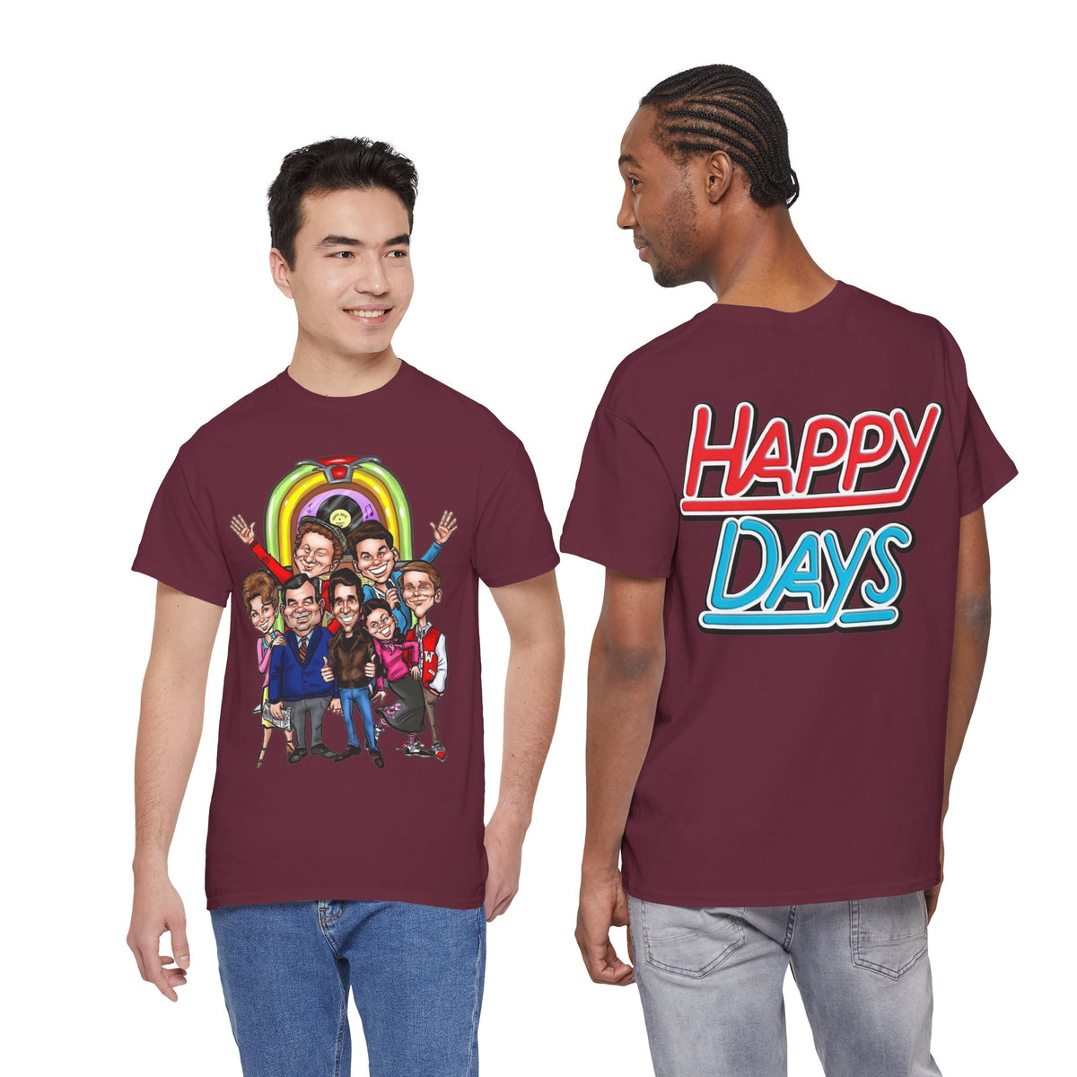 Happy Days Cast Caricature Tee — Retro 70s Sitcom Graphic T-Shirt