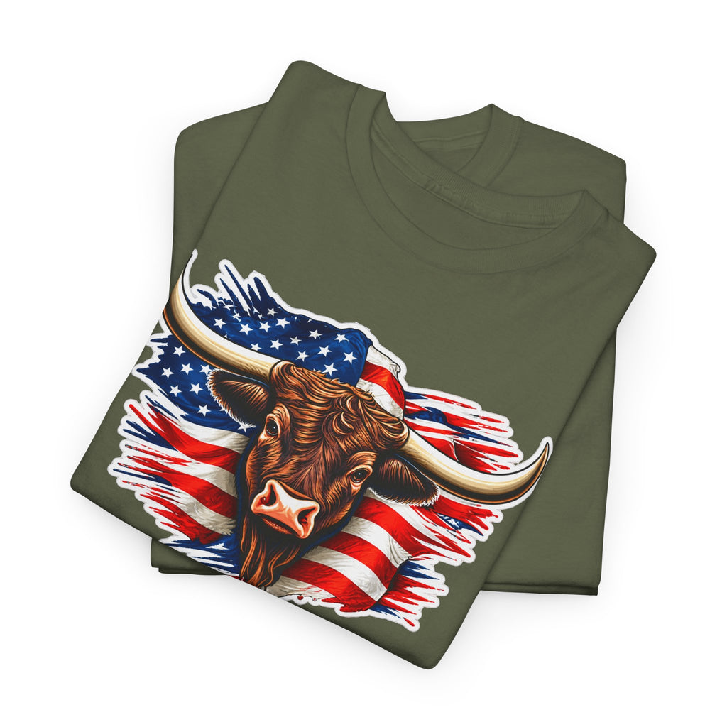 American Flag Bull Graphic Tee — Patriotic Cowboy Western T-Shirt