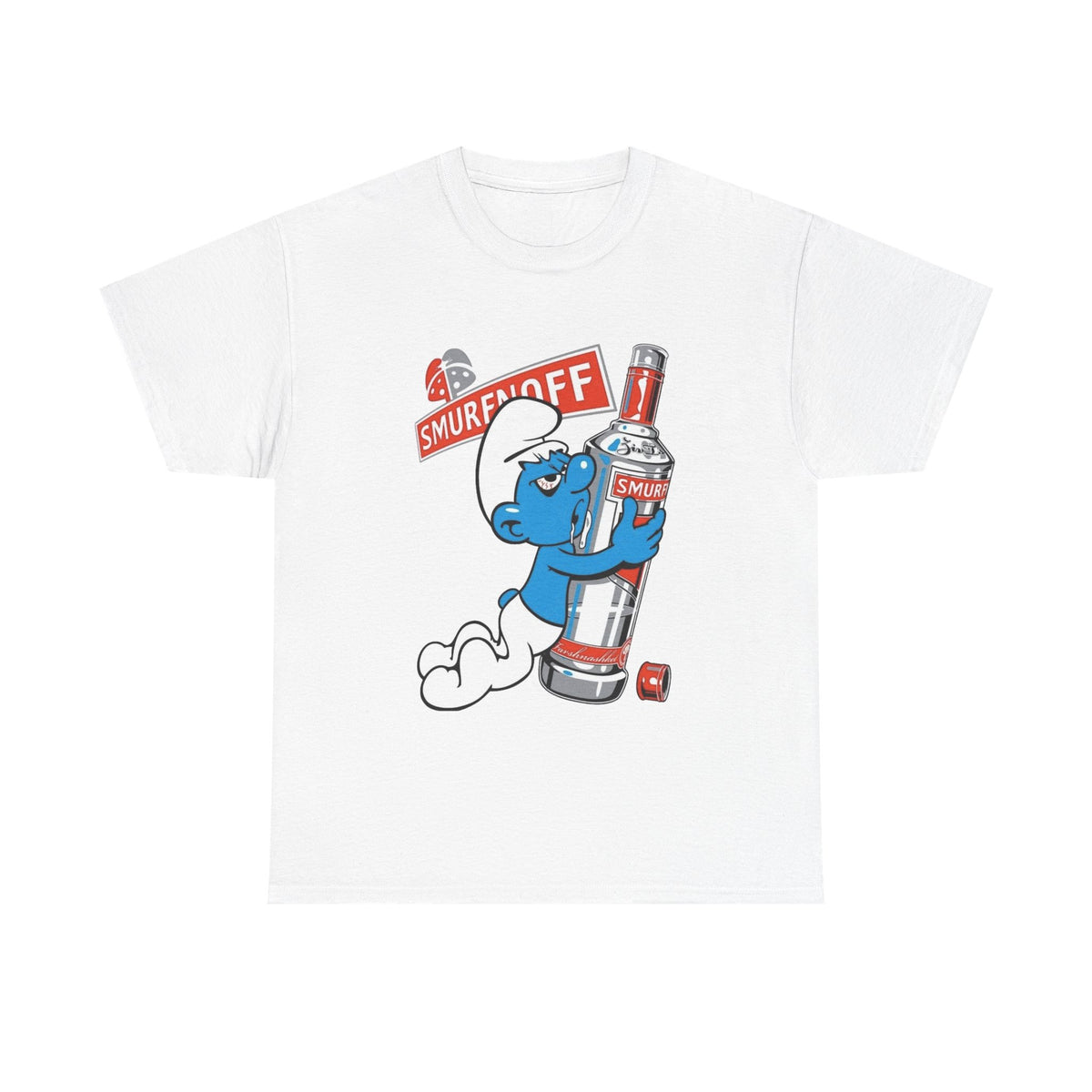 Smurf Holding Bottle Graphic Tee — "Smurf Off" Retro Cartoon T-Shirt