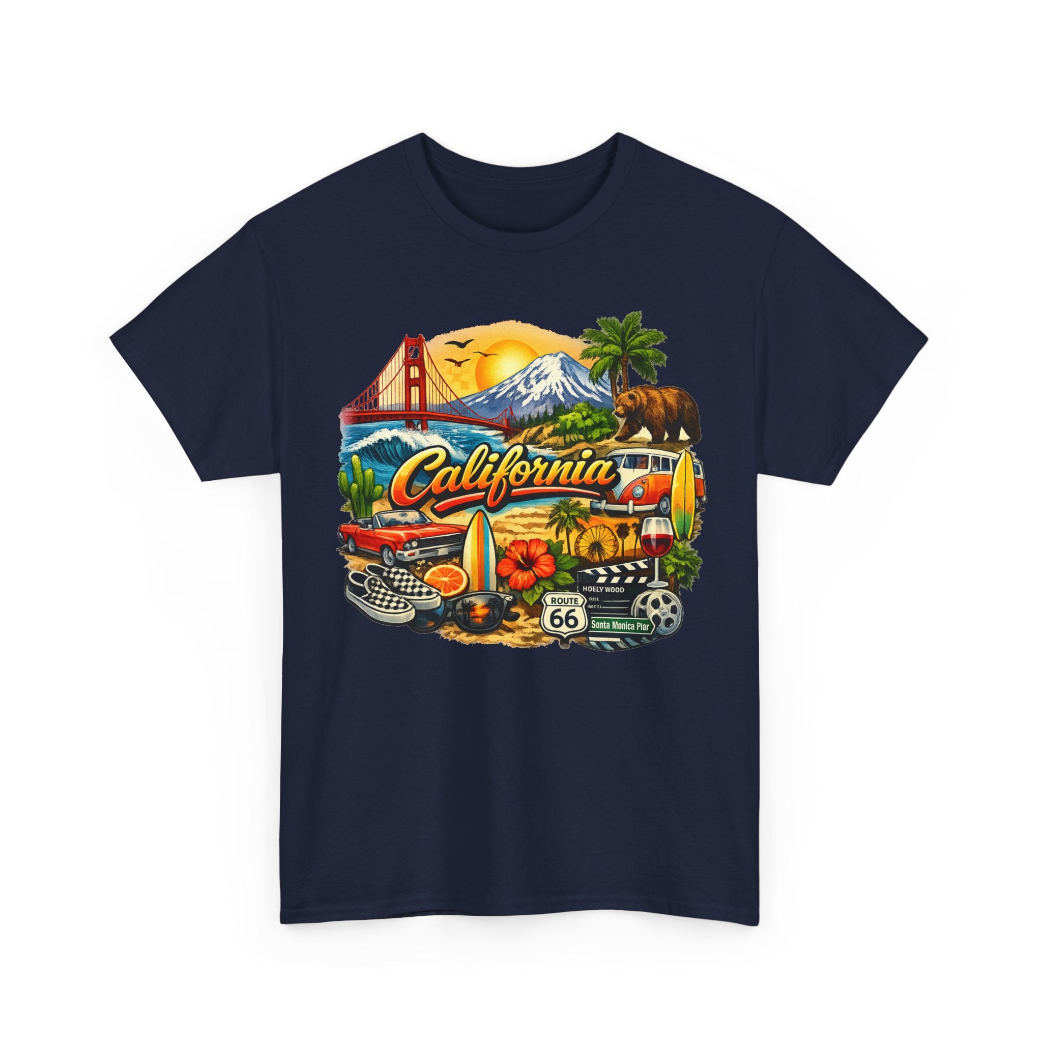 California Vintage Travel T-Shirt — Golden Gate, Palm Trees & Route 66 Tee