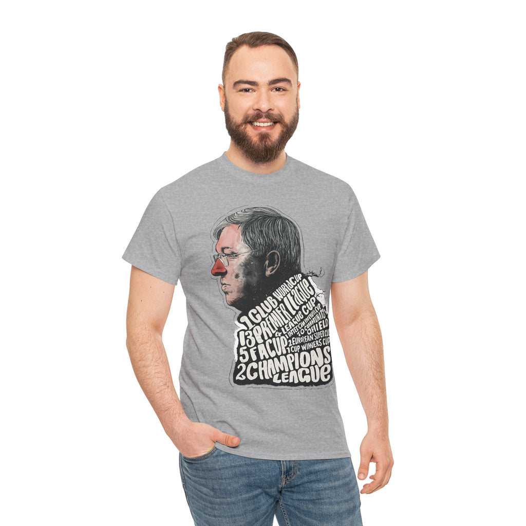 SIr Alex Ferguson Achievements Vintage Football Manager Profile Tee — Illustrated Head with Trophy Text Design