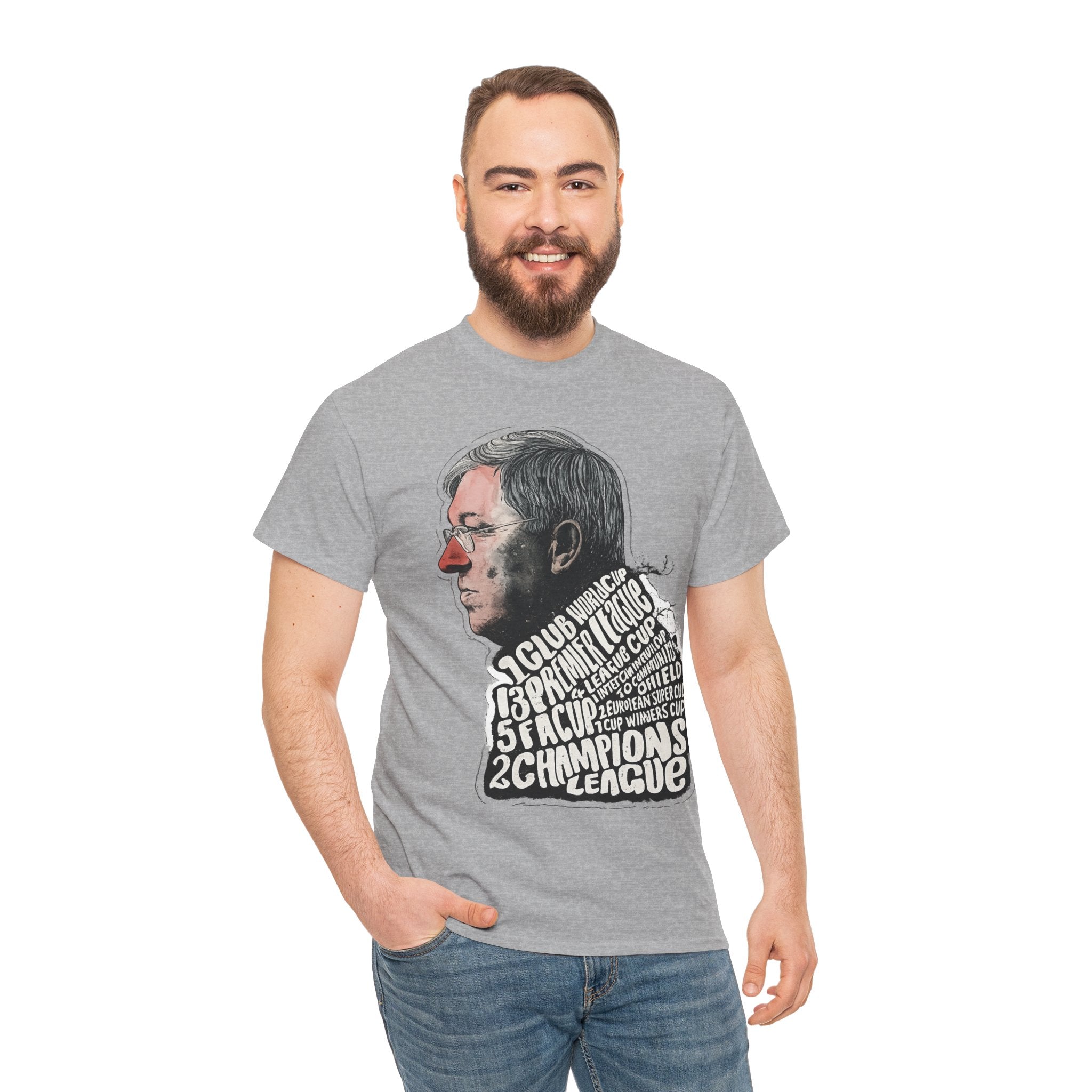 SIr Alex Ferguson Achievements Vintage Football Manager Profile Tee — Illustrated Head with Trophy Text Design