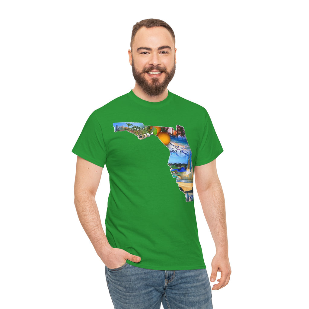 Florida State Shape T-Shirt — Scenic Beach & Sunset Map Tee
