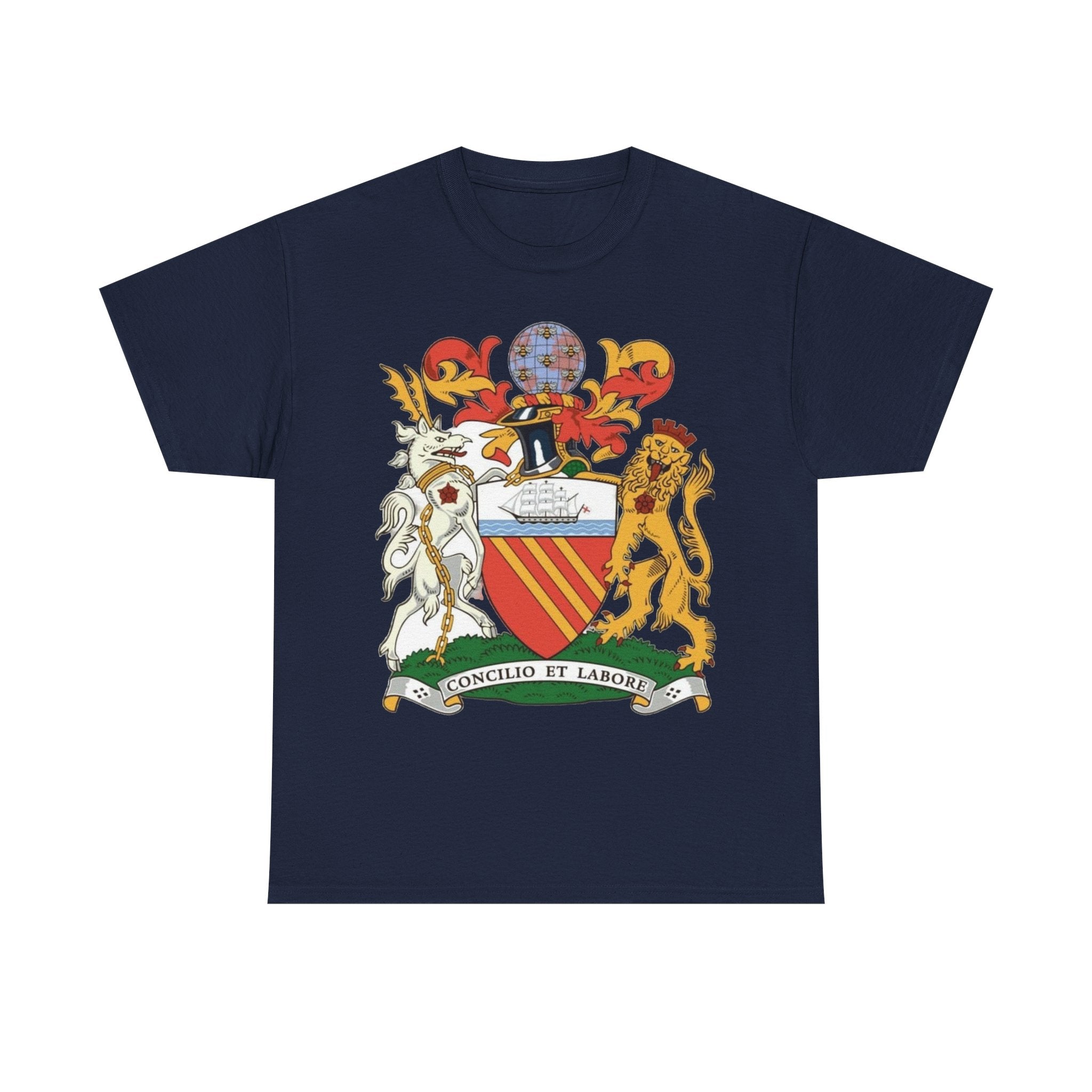 Manchester Coat of Arms Crest T‑Shirt — Heraldic Family Shield Tee with 'Concilio et Labore' Banner