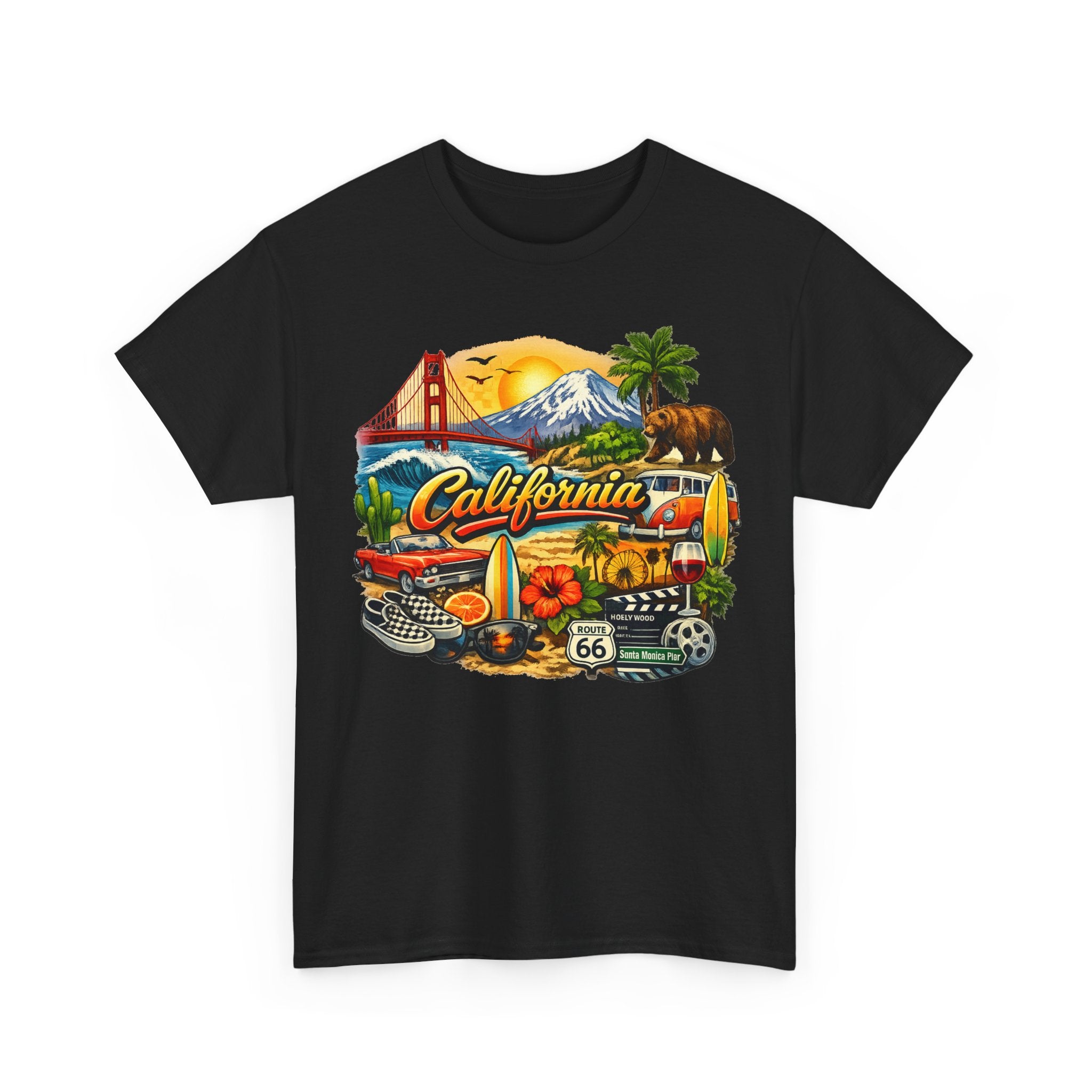 California Vintage Travel T-Shirt — Golden Gate, Palm Trees & Route 66 Tee