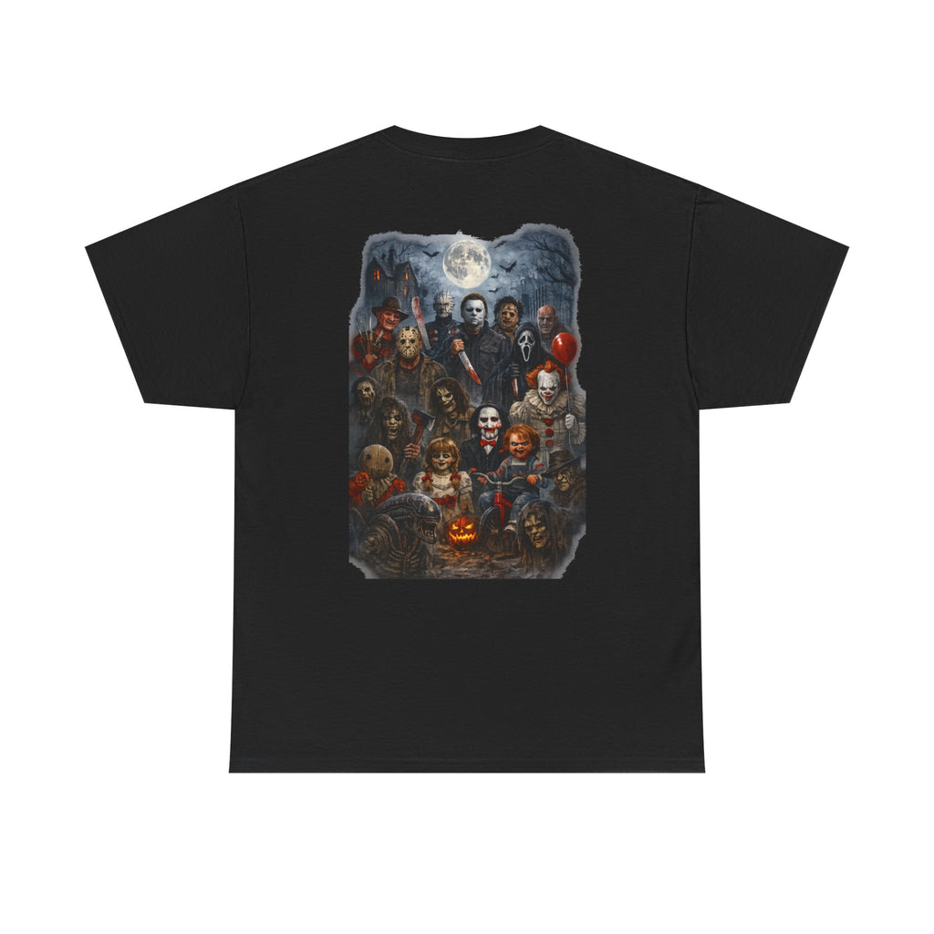 Halloween Horror Movie Characters T-Shirt — "Happy Halloween" Pumpkin & Slasher Collage Tee