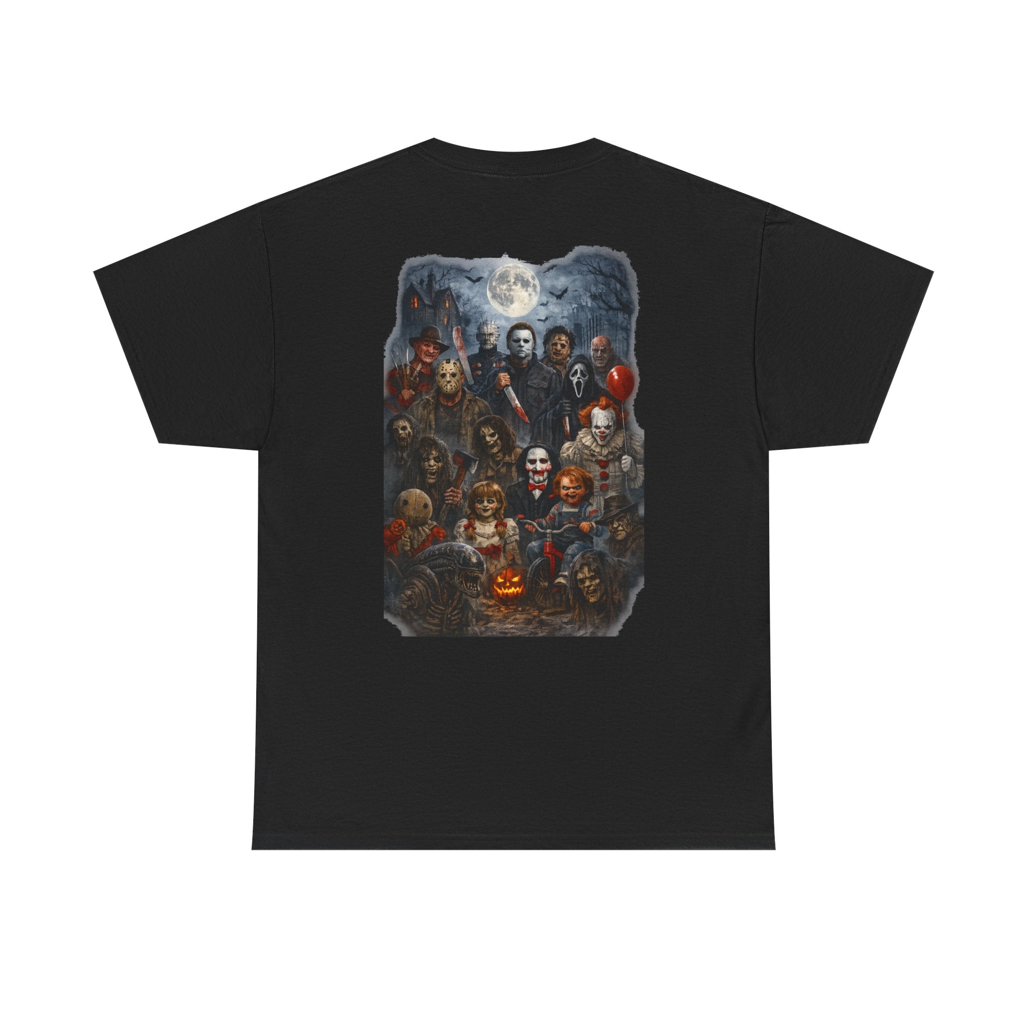 Halloween Horror Movie Characters T-Shirt — "Happy Halloween" Pumpkin & Slasher Collage Tee