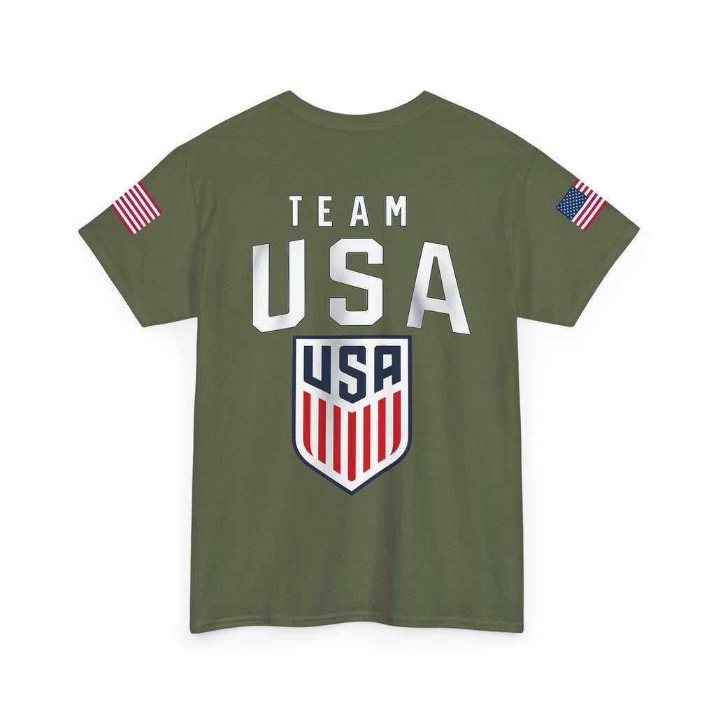 Team USA Flag T‑Shirt — Patriotic Navy Tee with Back Shield Logo