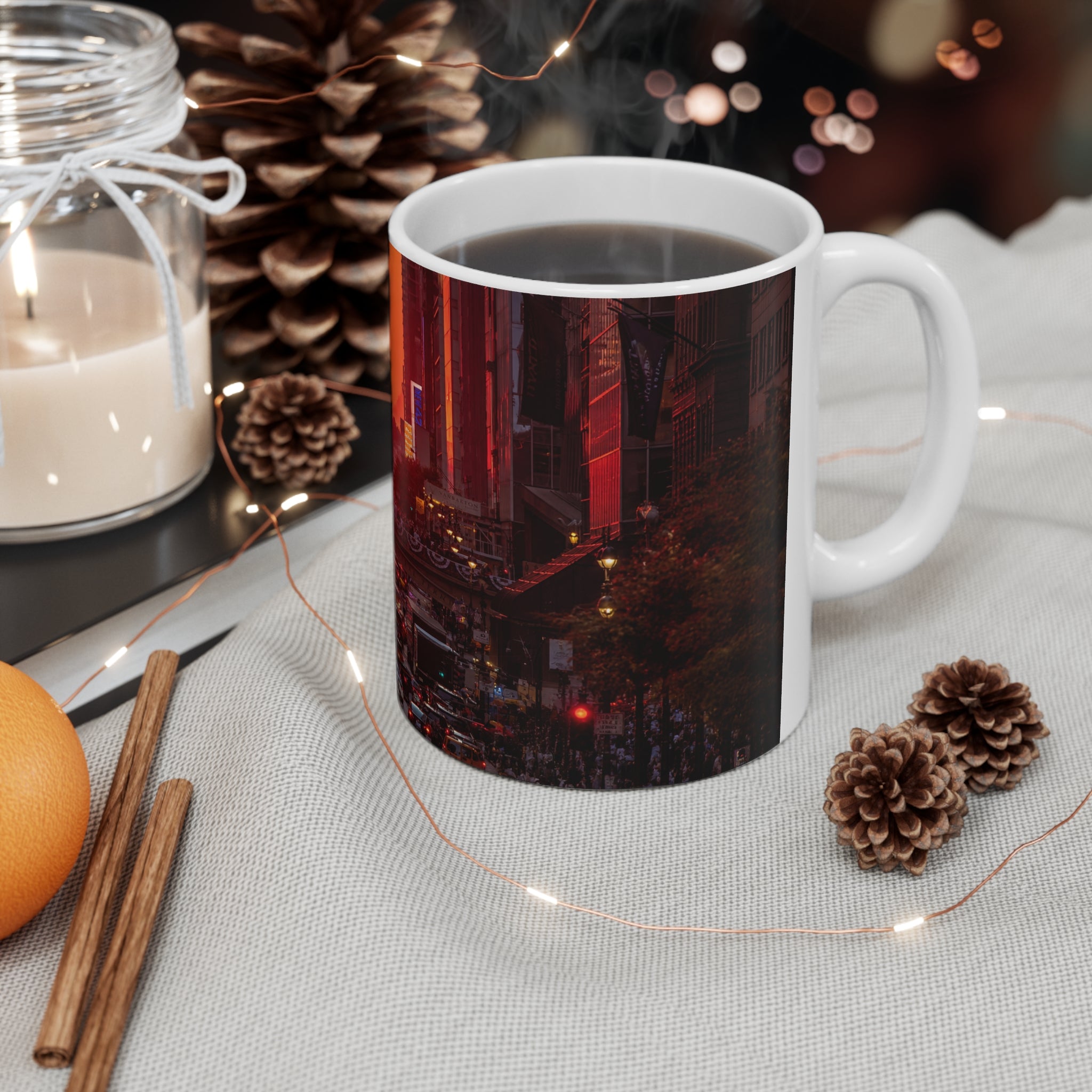 New York City Sunset Traffic Ceramic Coffee Mug — Urban Evening Skyline, 11oz & 15oz