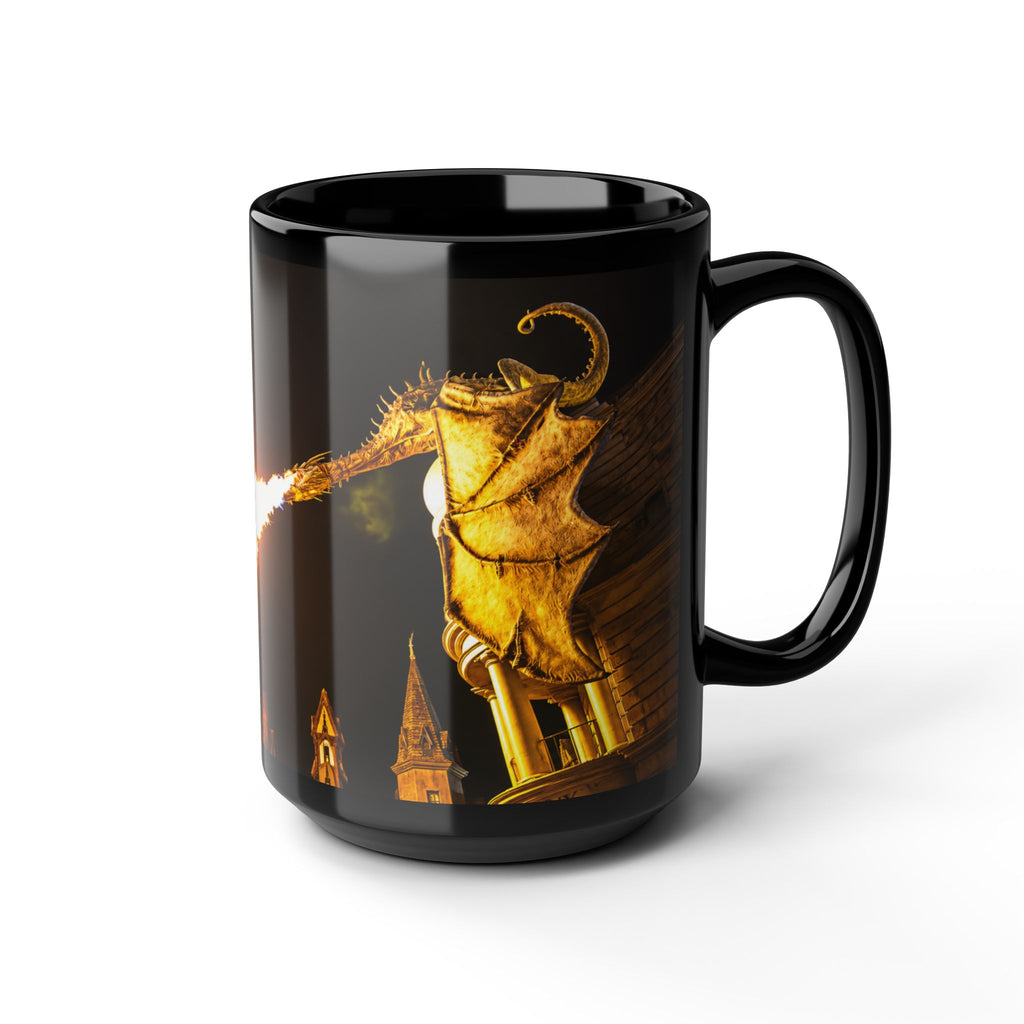 Golden Dragon Fire-Breathing Black Mug — Fantasy Castle Coffee Cup