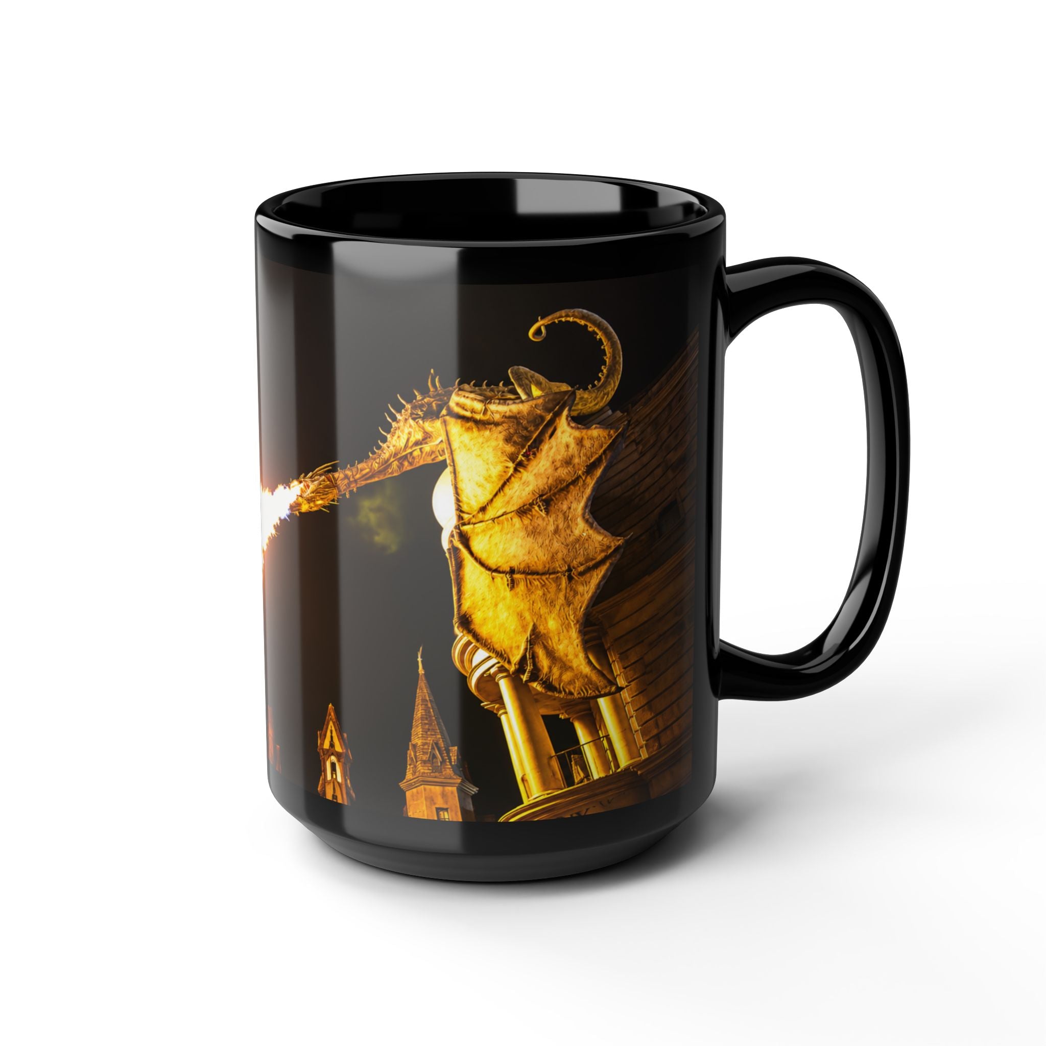 Golden Dragon Fire-Breathing Black Mug — Fantasy Castle Coffee Cup