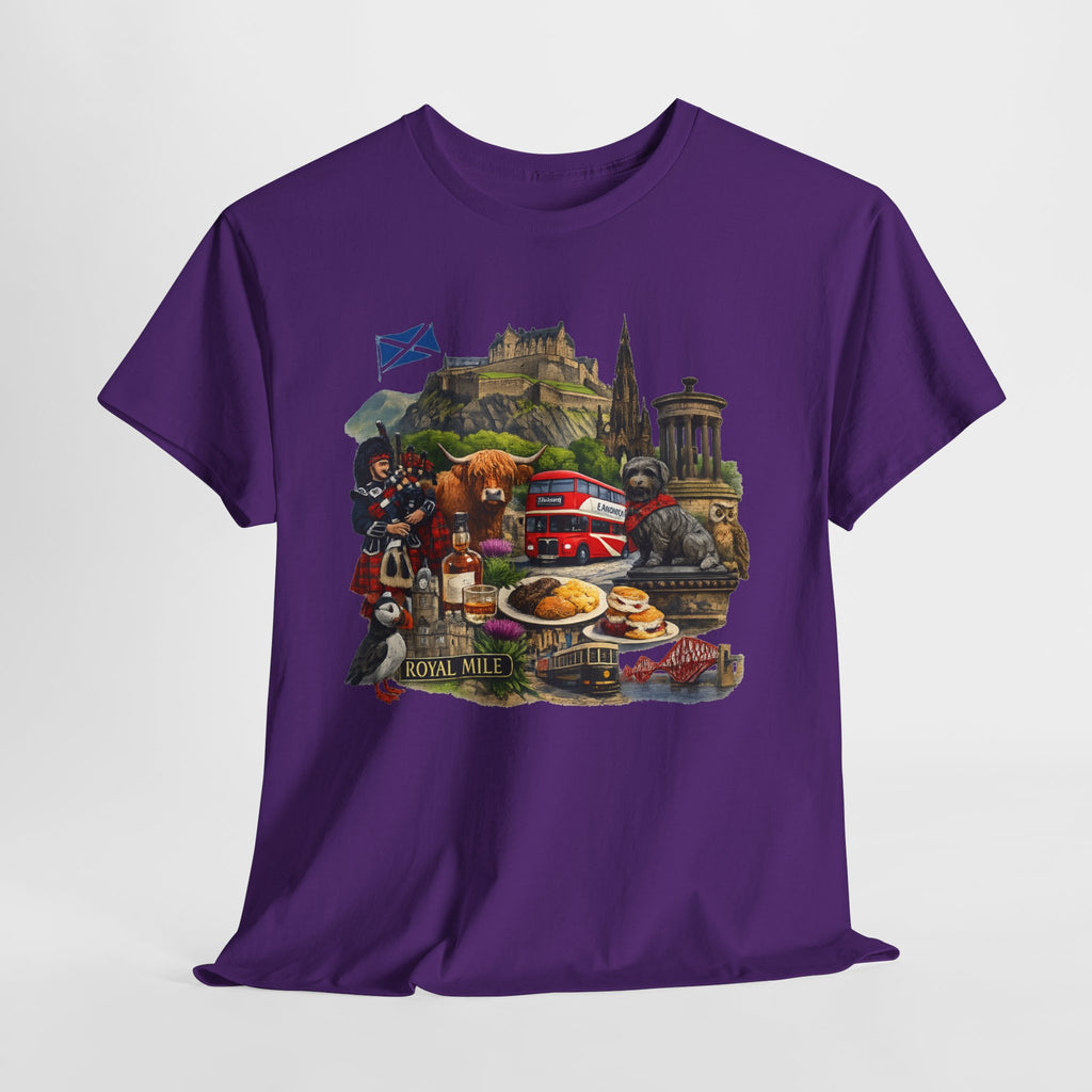Scotland / Edinburgh Travel Collage T-Shirt — Edinburgh Castle, Bagpipes & Local Icons