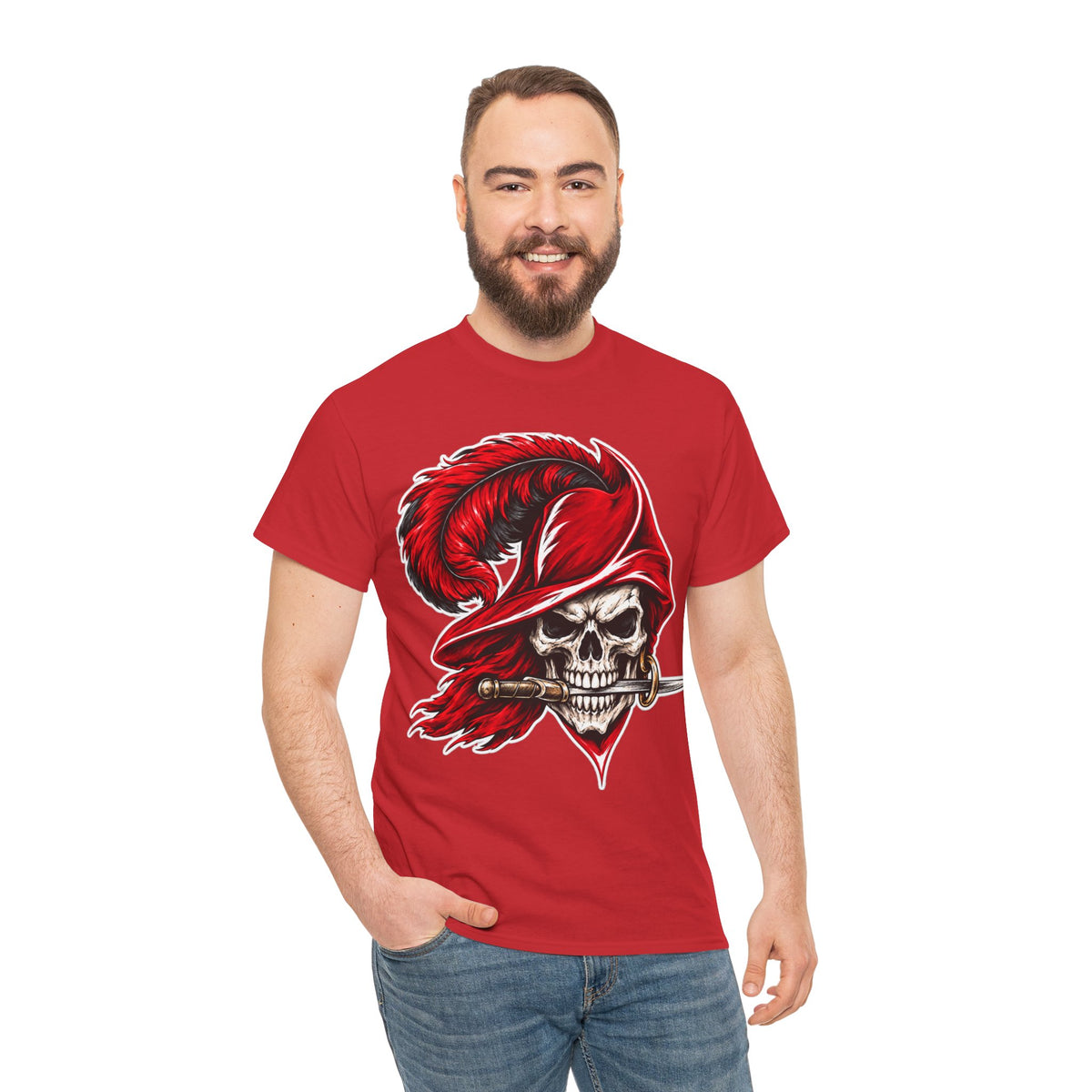Skull Pirate Tee — Red Feathered Bandana Skull T‑Shirt