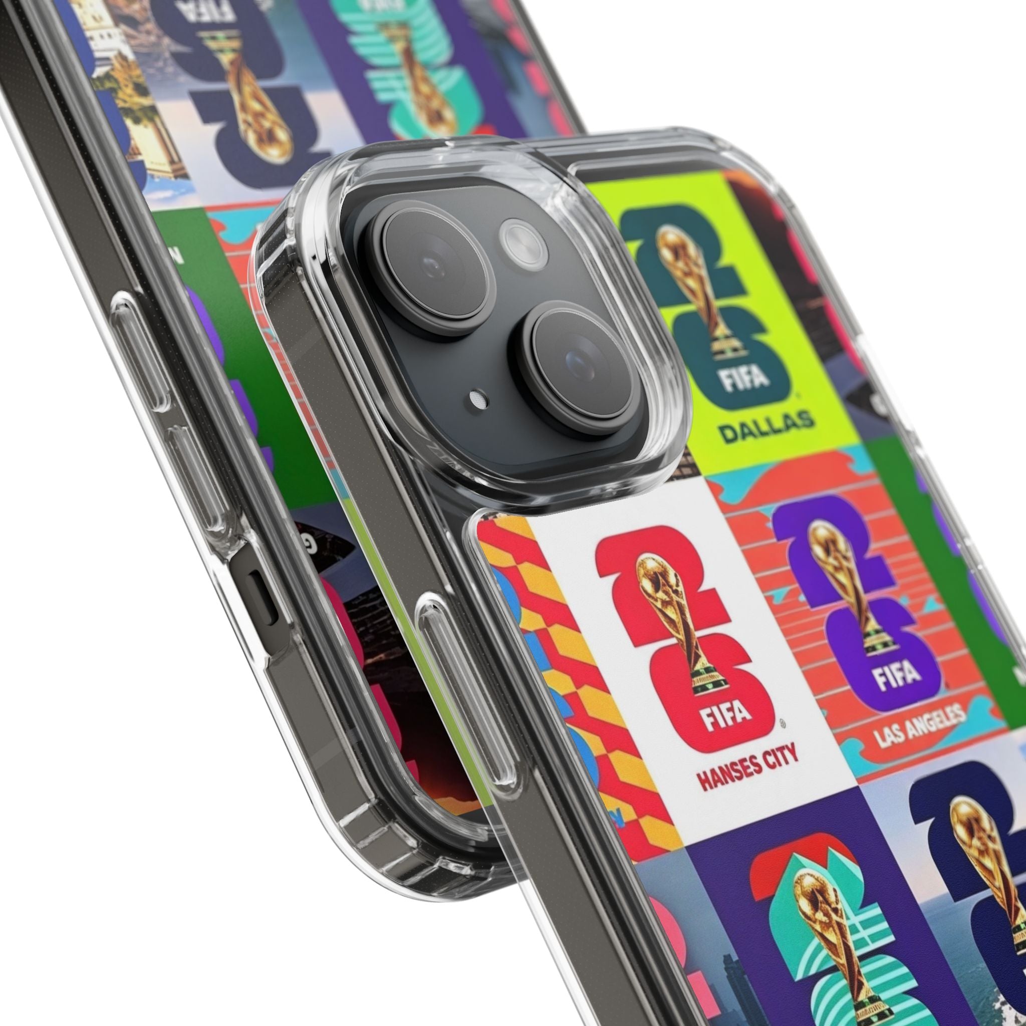 FIFA World Cup Pop Art Clear Phone Case — City Badge Collage (Dallas, LA, Monterrey, Toronto, Seattle)
