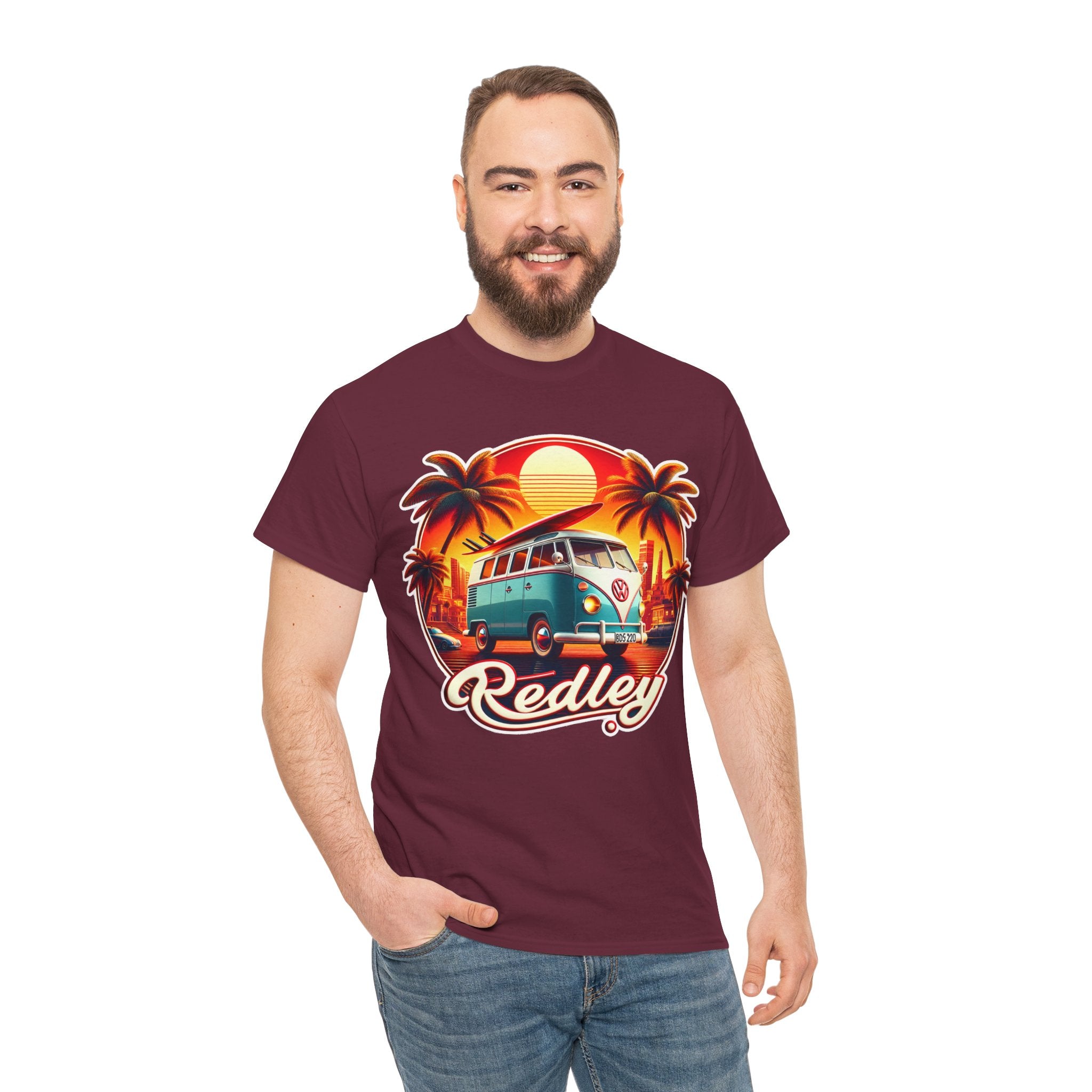 Vintage Surf Van T-Shirt – Retro Beach Sunset Tee with 'Redley' Script