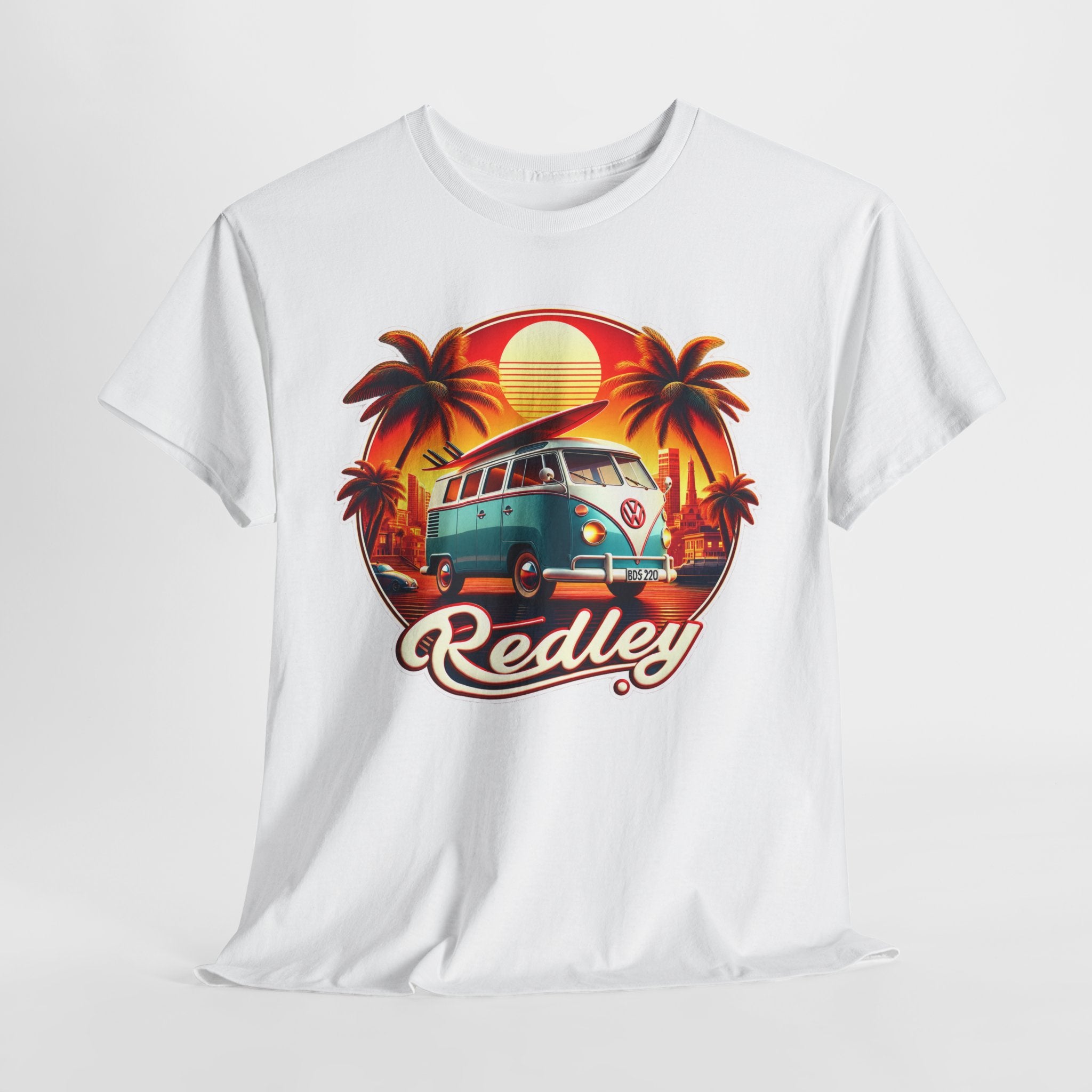 Vintage Surf Van T-Shirt – Retro Beach Sunset Tee with 'Redley' Script