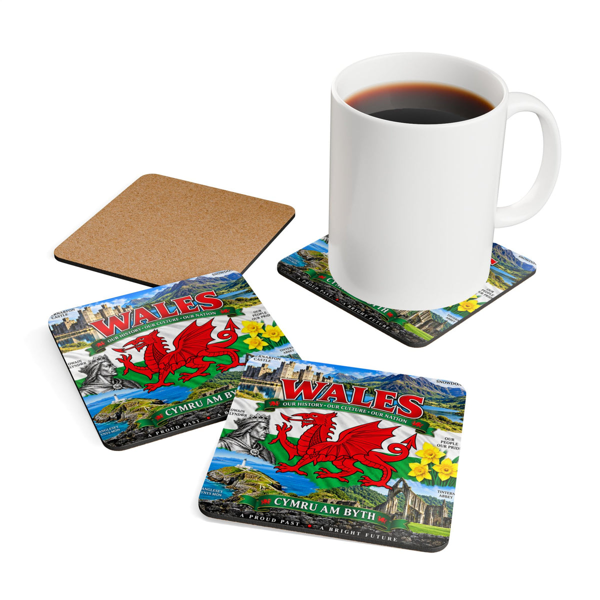 Wales Corkwood Coaster Set — Welsh Dragon, Landmarks & 'Cymru Am Byth' Souvenir Coasters