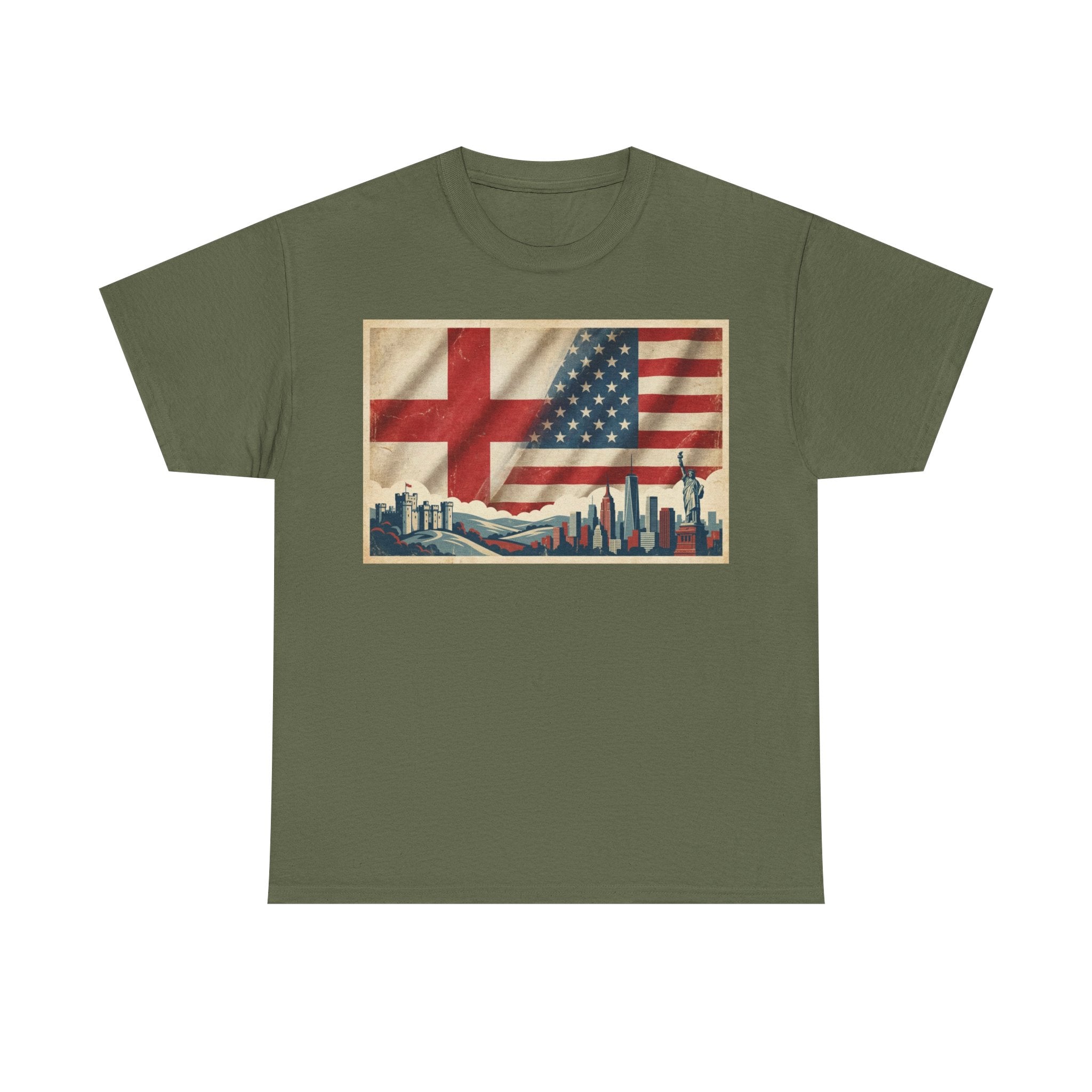 England + USA Flag Skyline T-Shirt — Vintage London & New York City Pride Tee