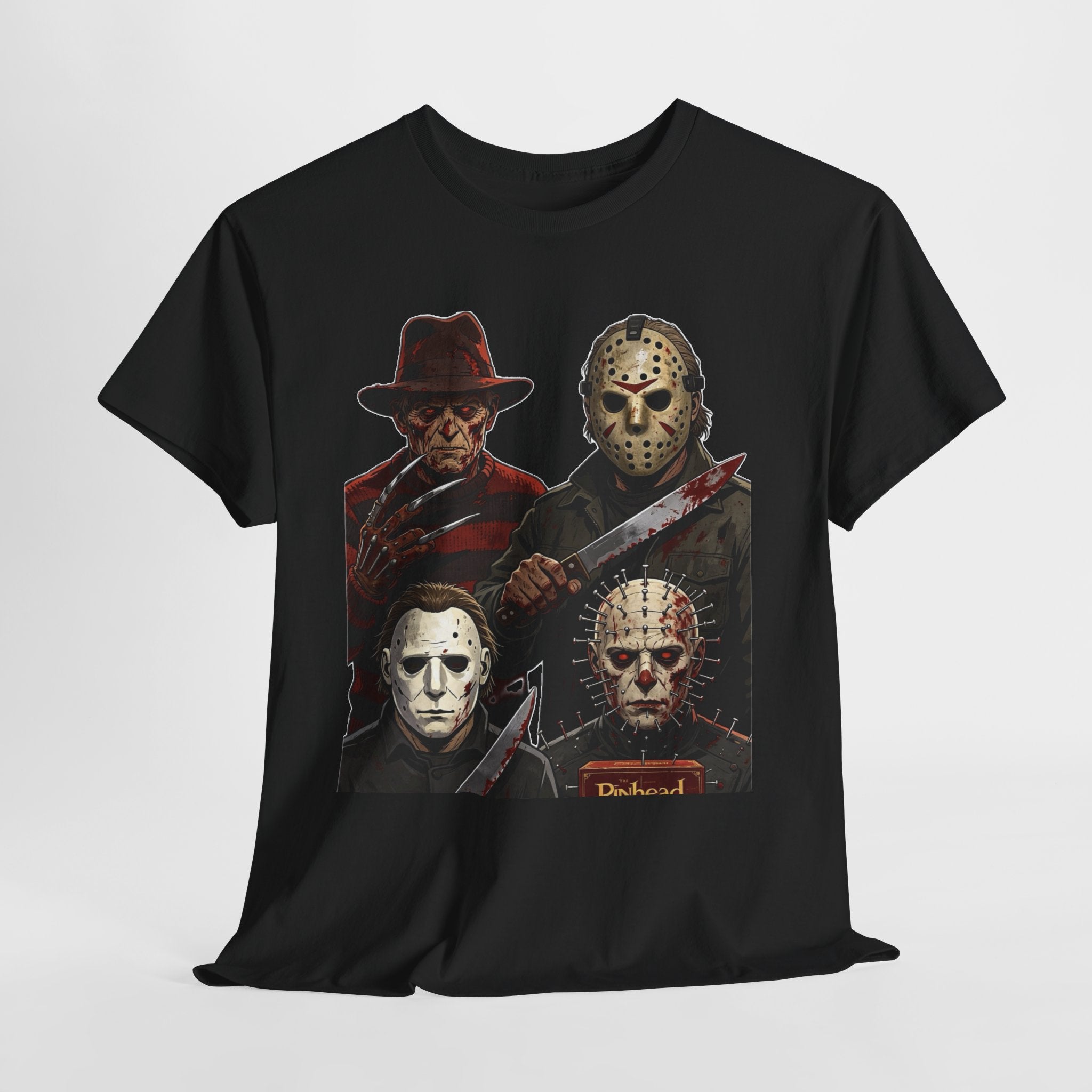 Horror Icons T-Shirt — Freddy, Jason, Michael & Pinhead Slasher Collage