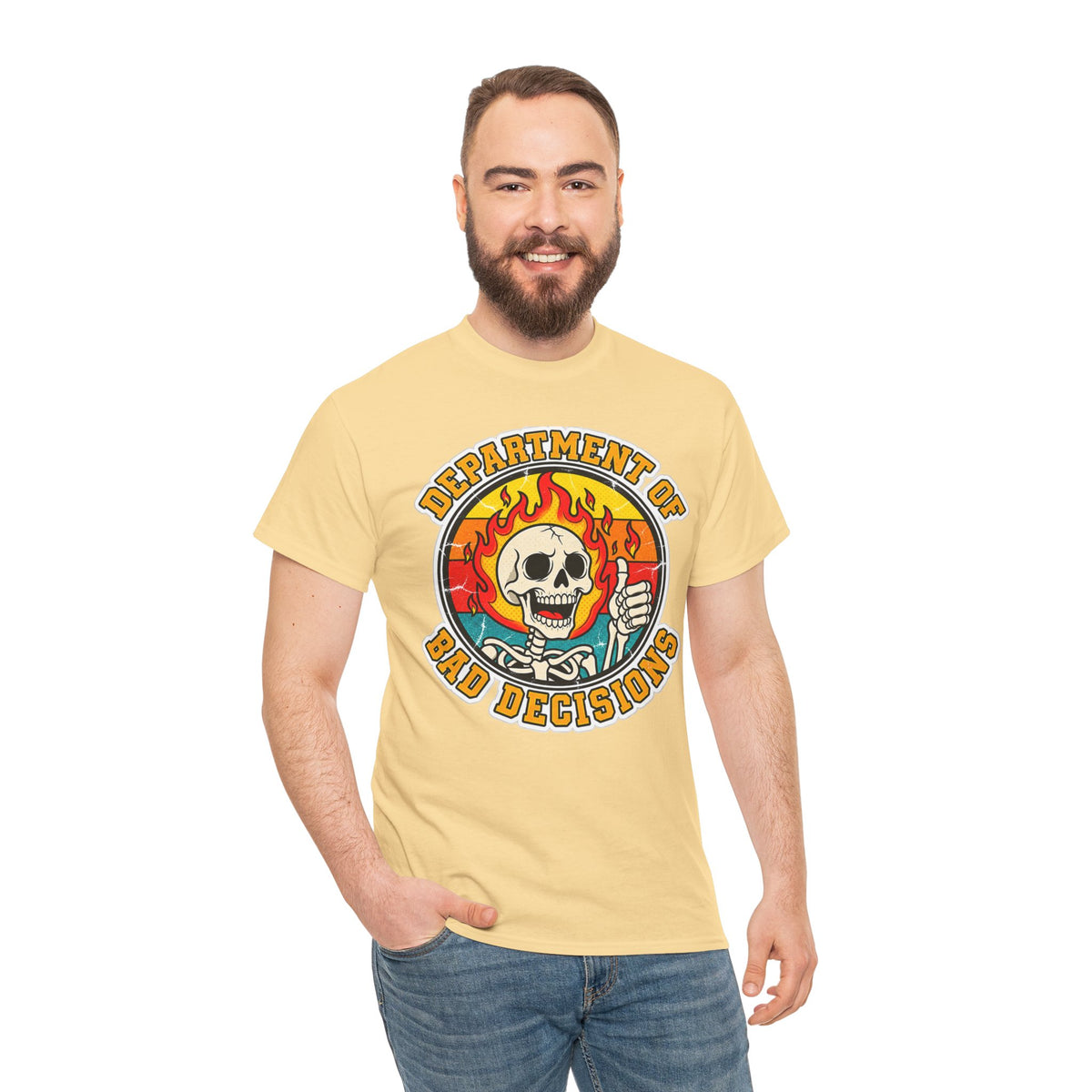 Department of Bad Decisions Skull T-Shirt — Retro Flaming Thumbs-Up Graphic Tee