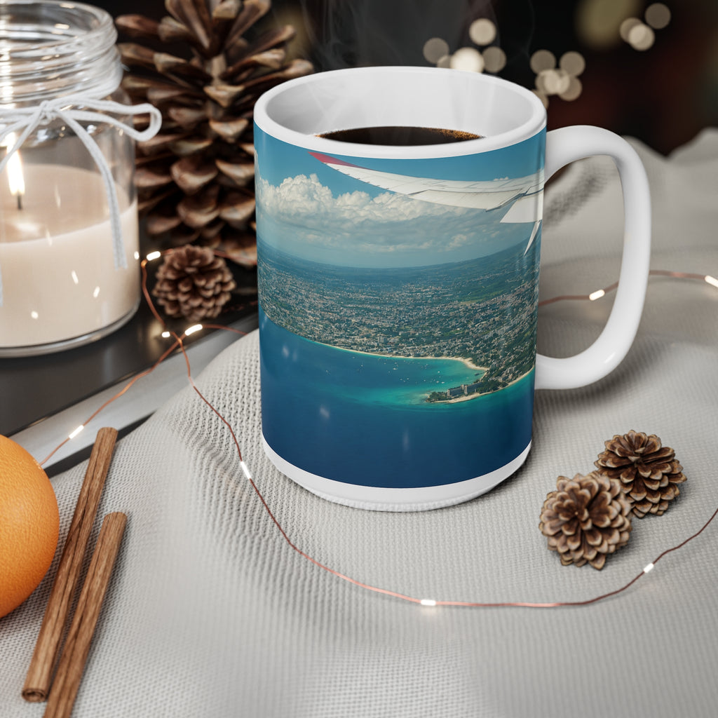 Aerial Barbados Island View Coffee Mug — Tropical Ocean Photography 11oz & 15oz